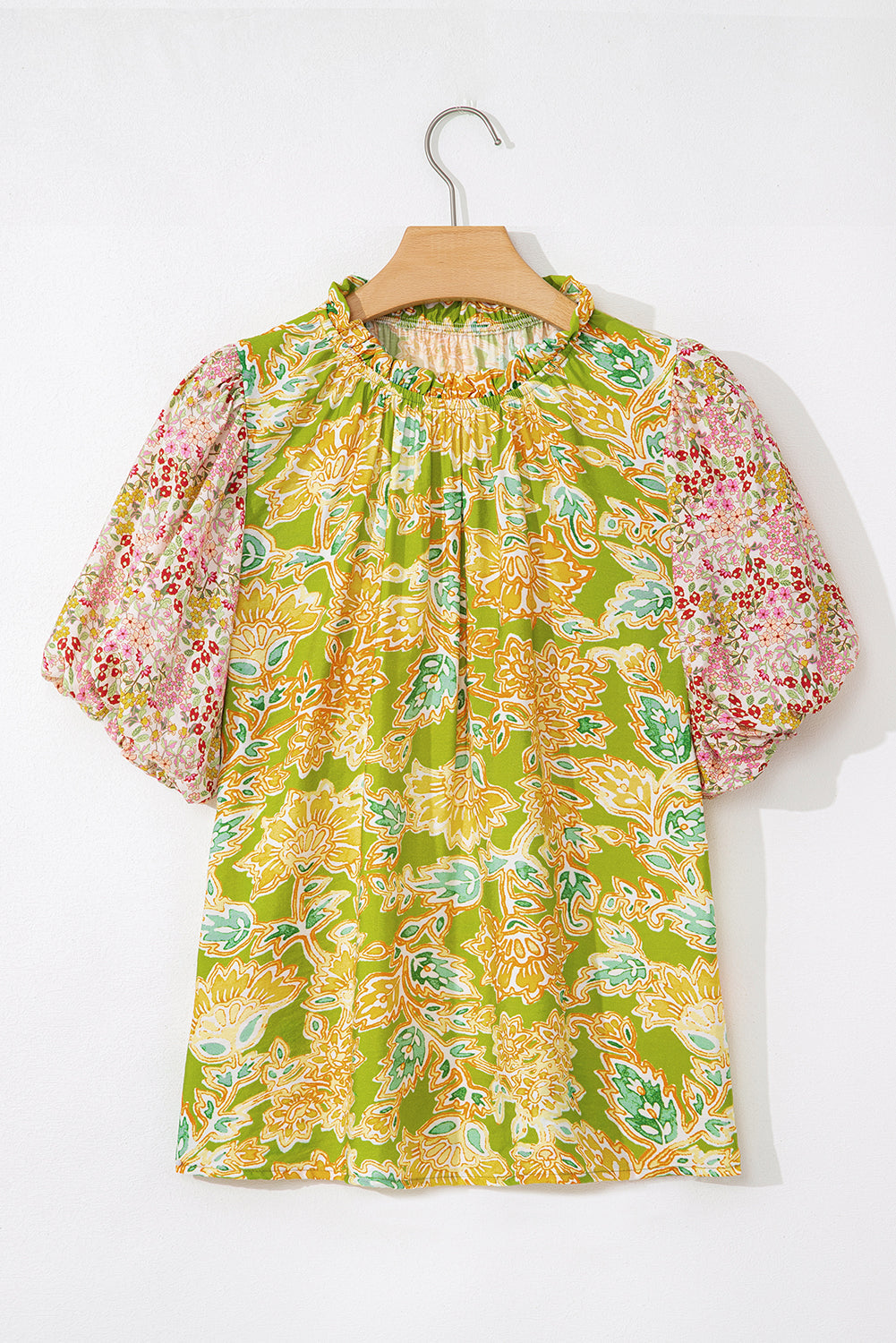 Paisley Print Contrast Bubble Sleeve Patchwork Blouse eAura