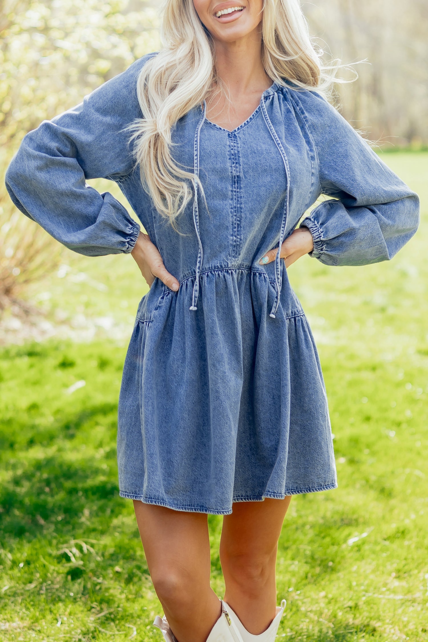 Puff Sleeve Ruffled Denim Mini Dress – Blue