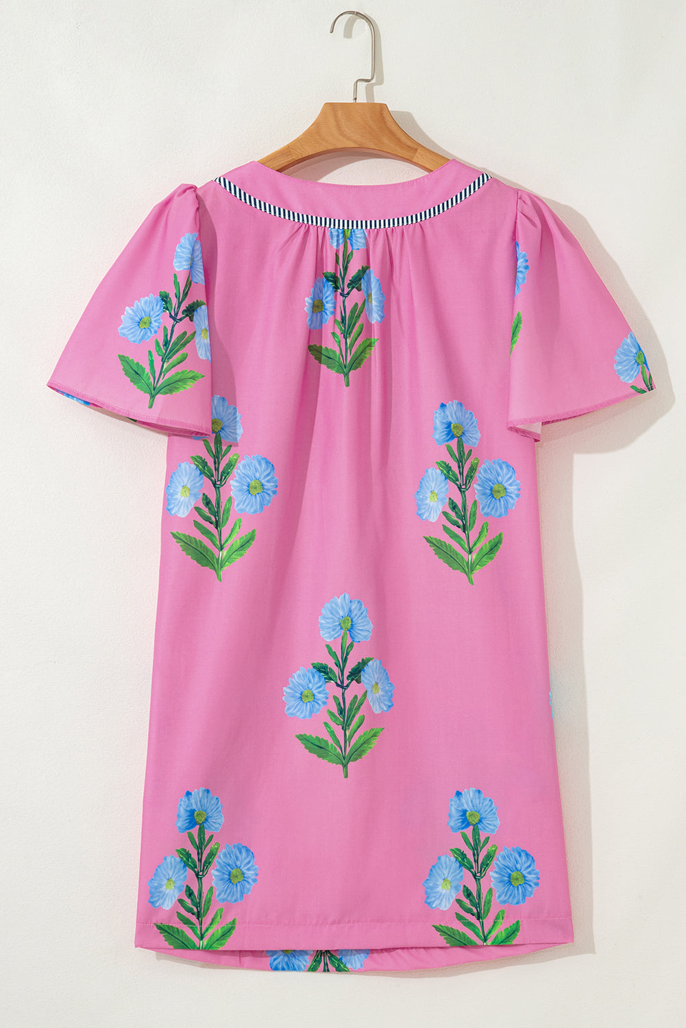 Floral Short Sleeve Split Neck Loose Mini Dress eAura