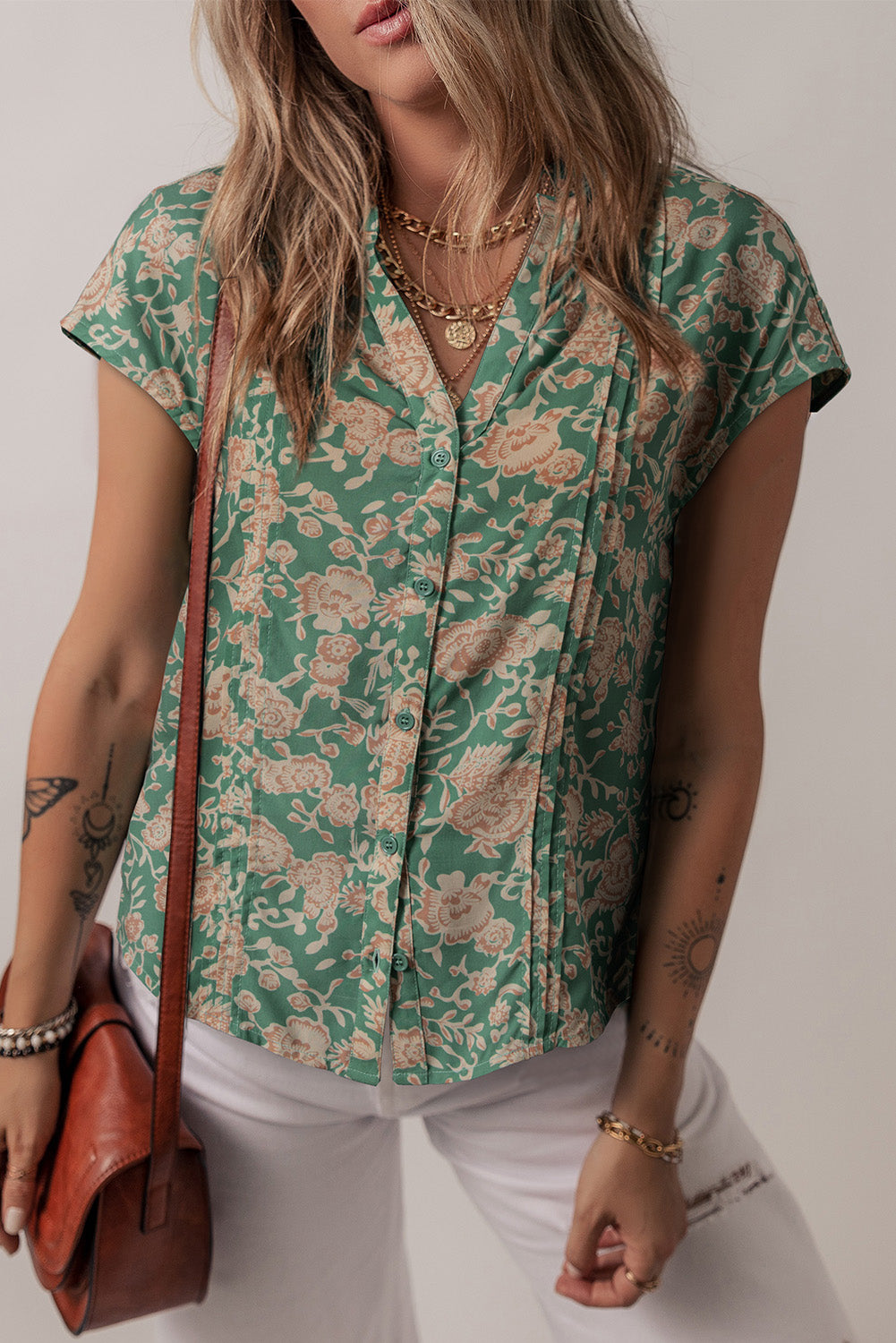 Green Floral Print Pleated Buttoned V Neck Short Sleeve Blouse eAura