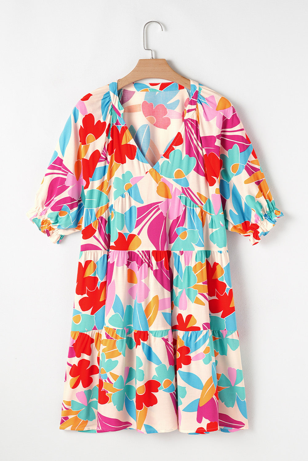 Rose Red Floral Bubble Sleeve V Neck Tiered Ruffle Babydoll Dress eAura