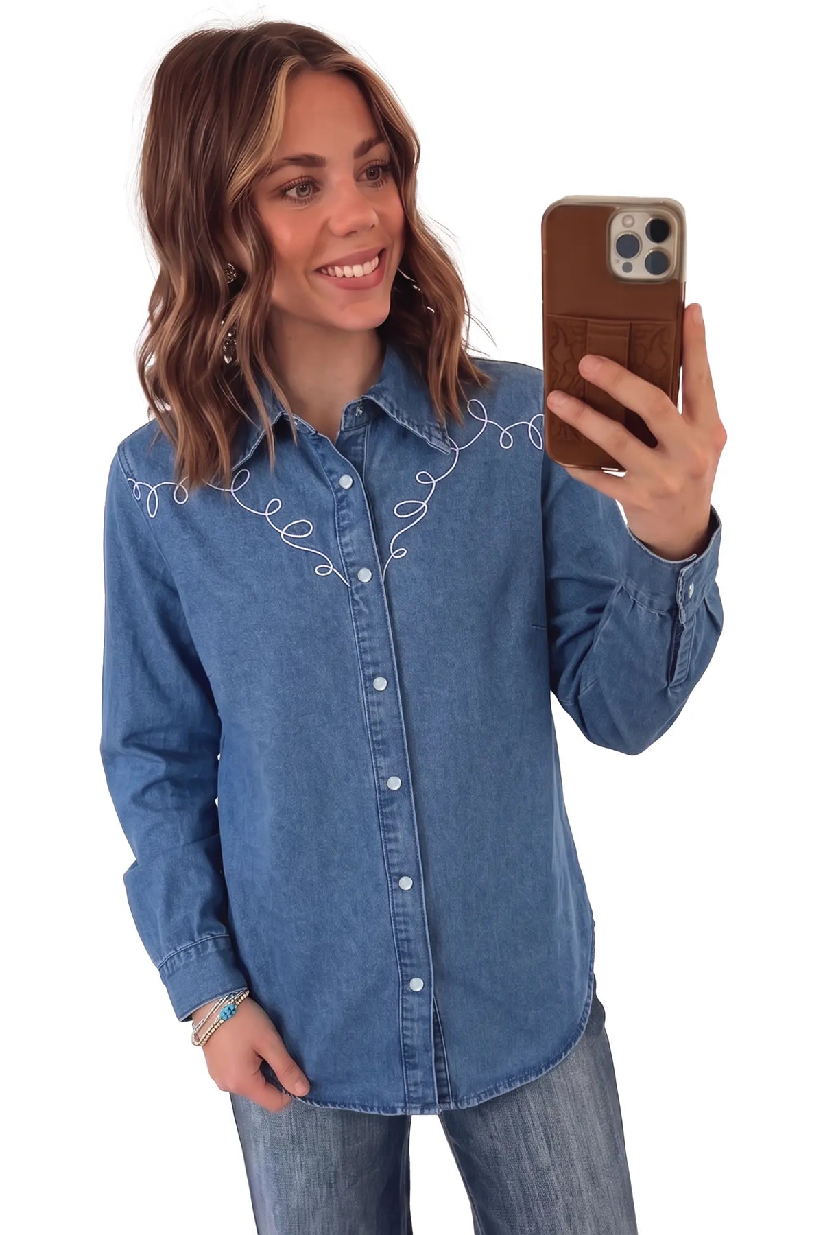 Western Embroidered Collar Long Sleeve Denim Shirt – Dusk Blue