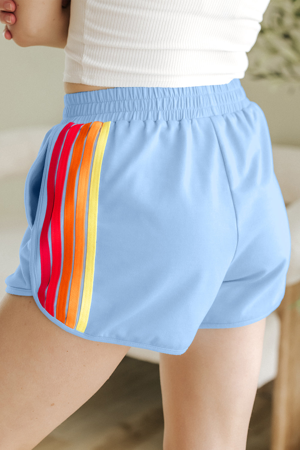 Beau Blue Colour Block Stripes Elastic High Waist Active Shorts eAura