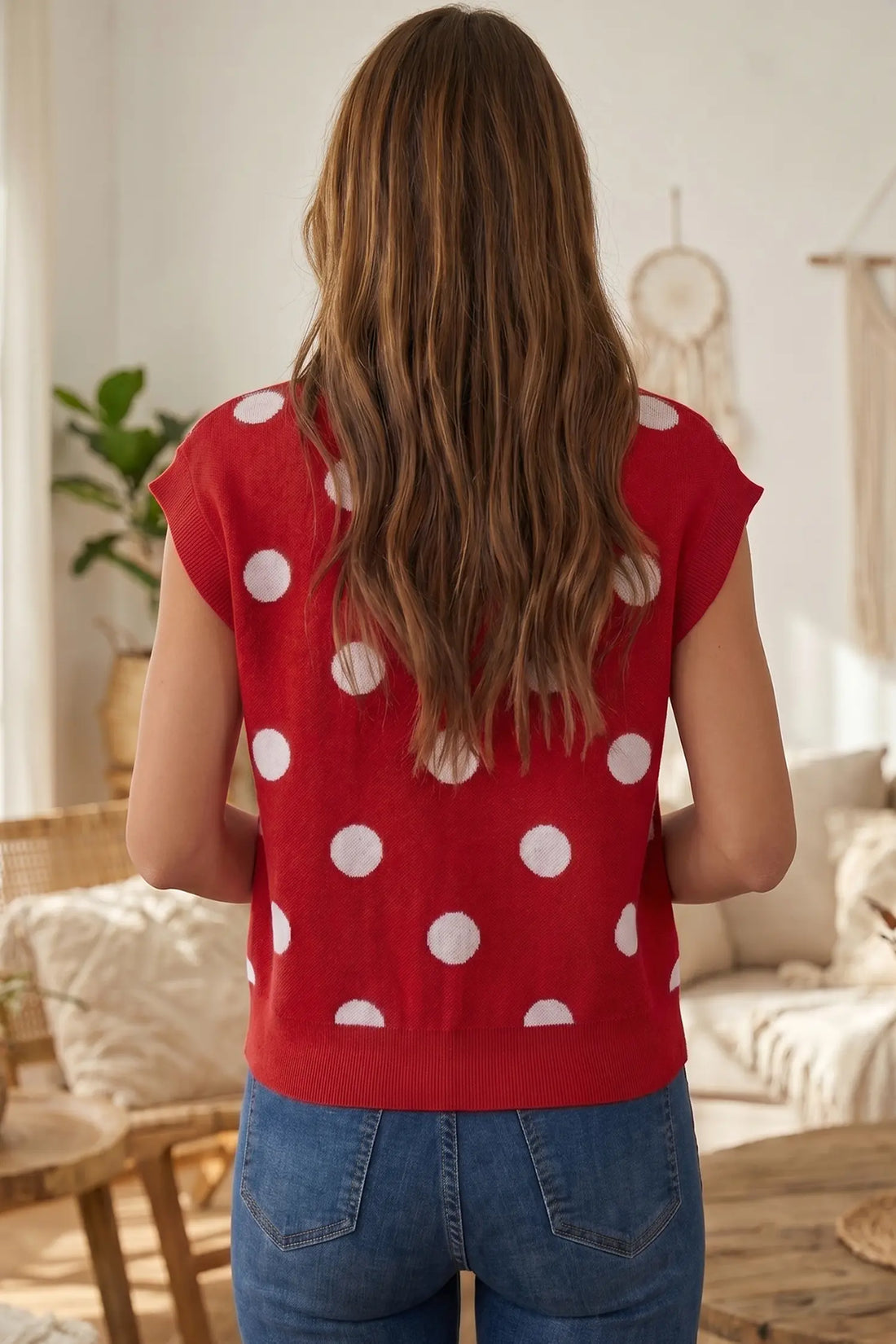 Relaxed Polka Dot Print Decorated Button Sweater Vest – Red