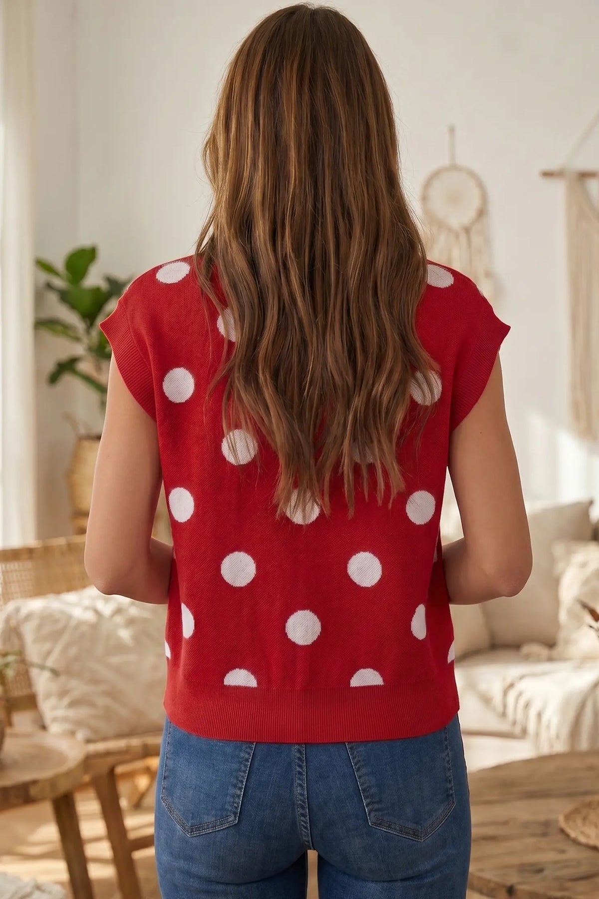 Relaxed Polka Dot Print Decorated Button Sweater Vest – Red
