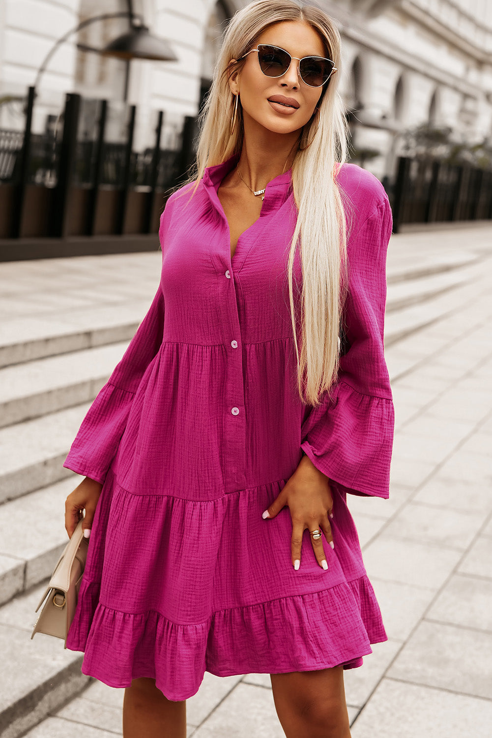 Rose Crinkled Tiered Split Neck Shirt Dress eAura