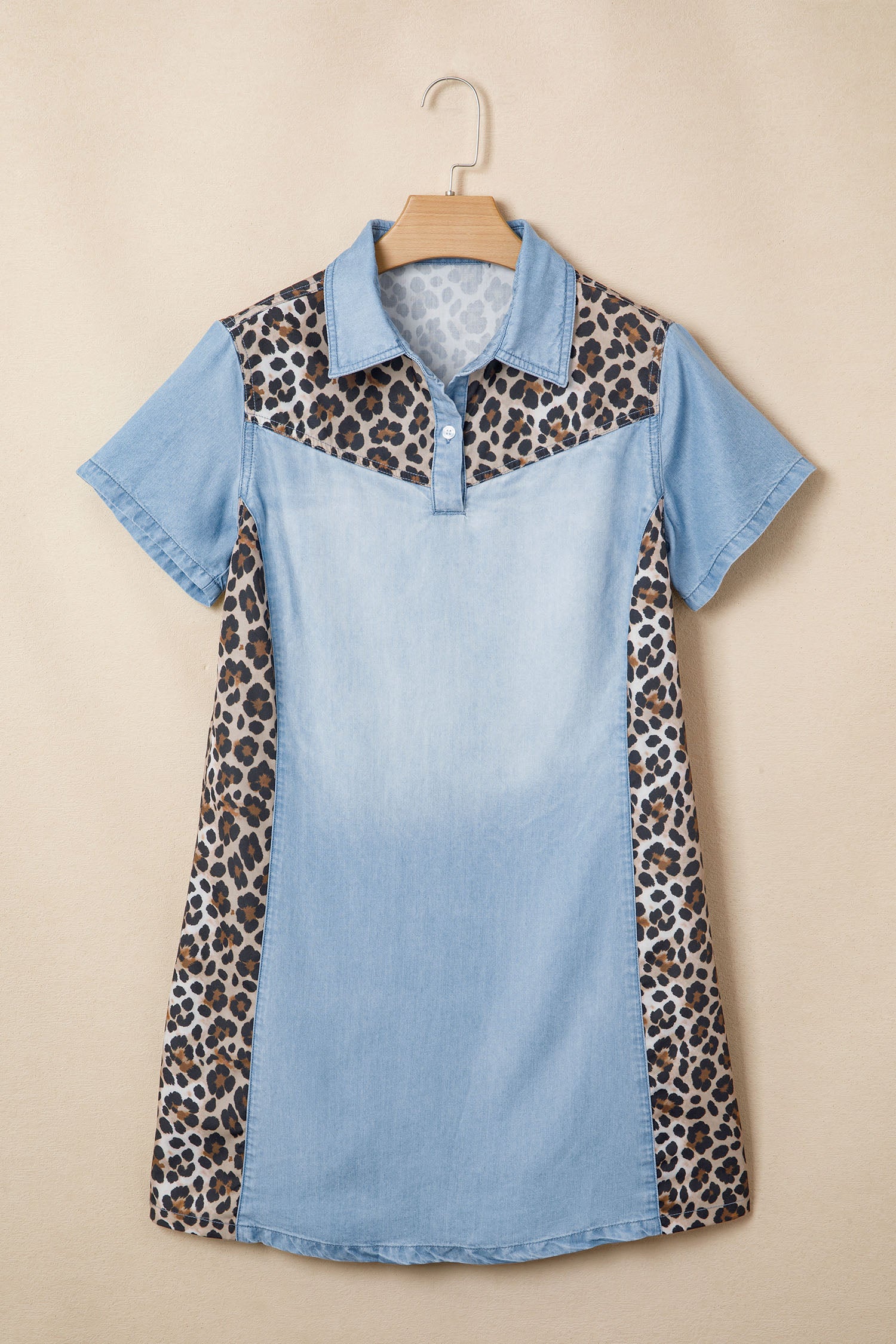 Denim Leopard Patchwork Shirt Collar Mini Dress – Blue