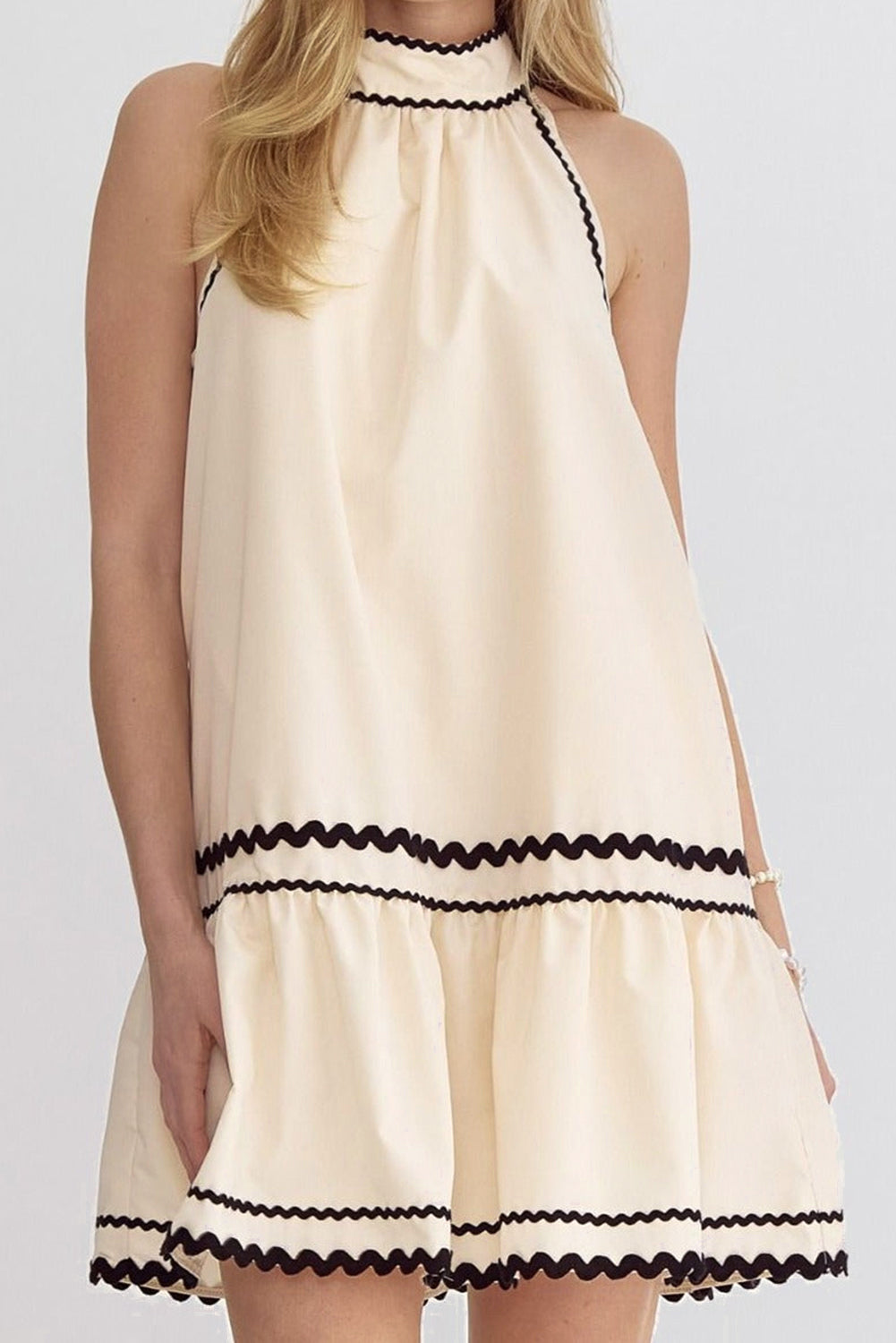 Khaki Stripe Ric Rac Trim Halter A-line Sleeveless Mini Dress eAura