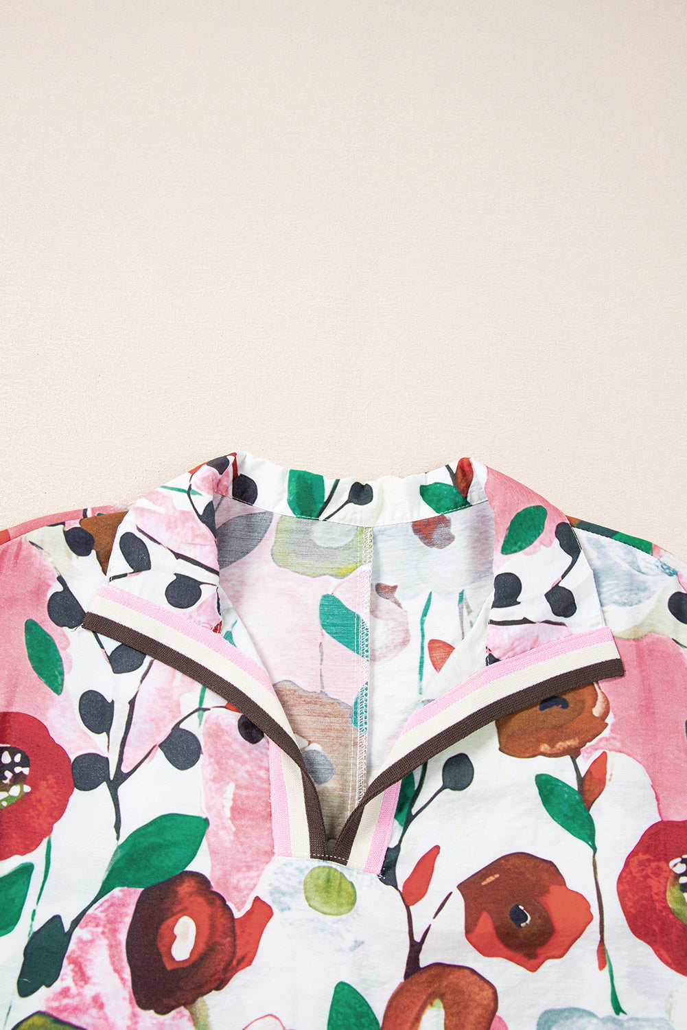 Pink Floral Print Slit V Neck Short Sleeve Blouse eAura