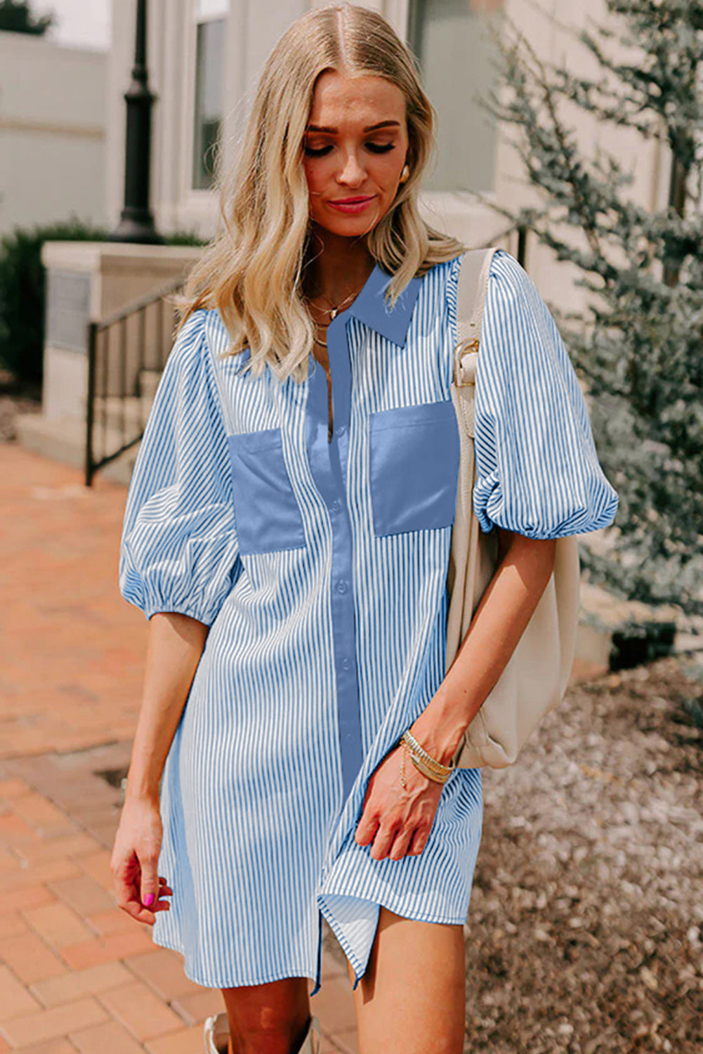Striped Colour Block Patchwork Shirt Collar Button Down Puff Sleeve Mini Dress