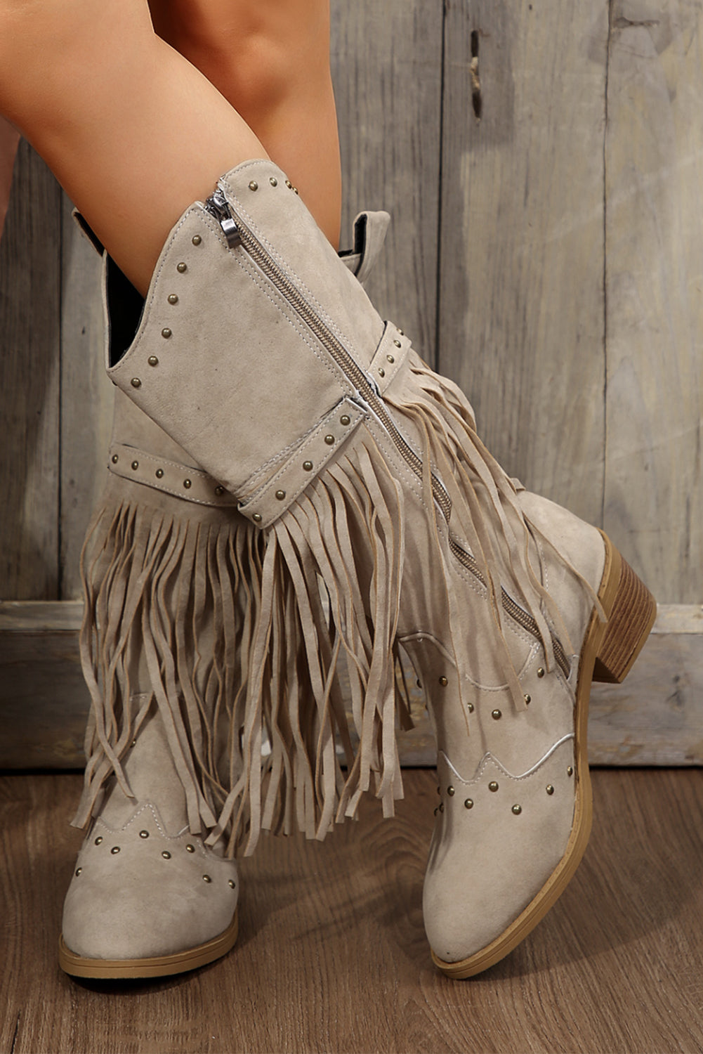 Jet Stream Faux Suede Studded Fringe Trim Heel Boots - eAura