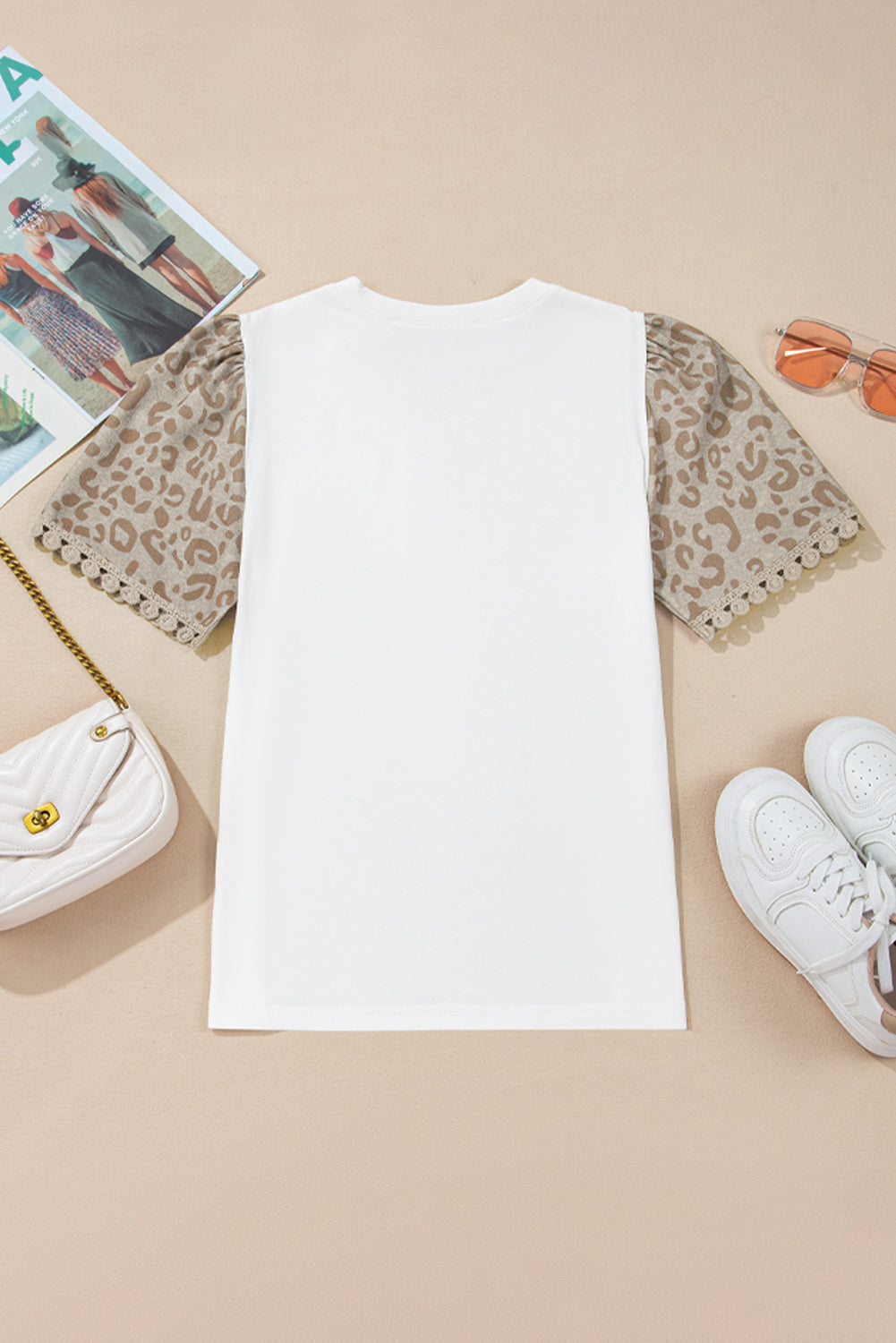 White Leopard Patchwork Crochet Lace Trim Puff Sleeve T Shirt eAura