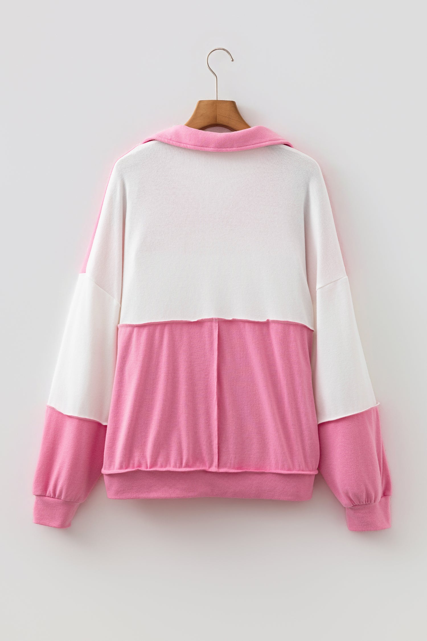 Color Block Ricrac Trim Patchwork Collar V Neck Long Sleeve Top – Rose Red