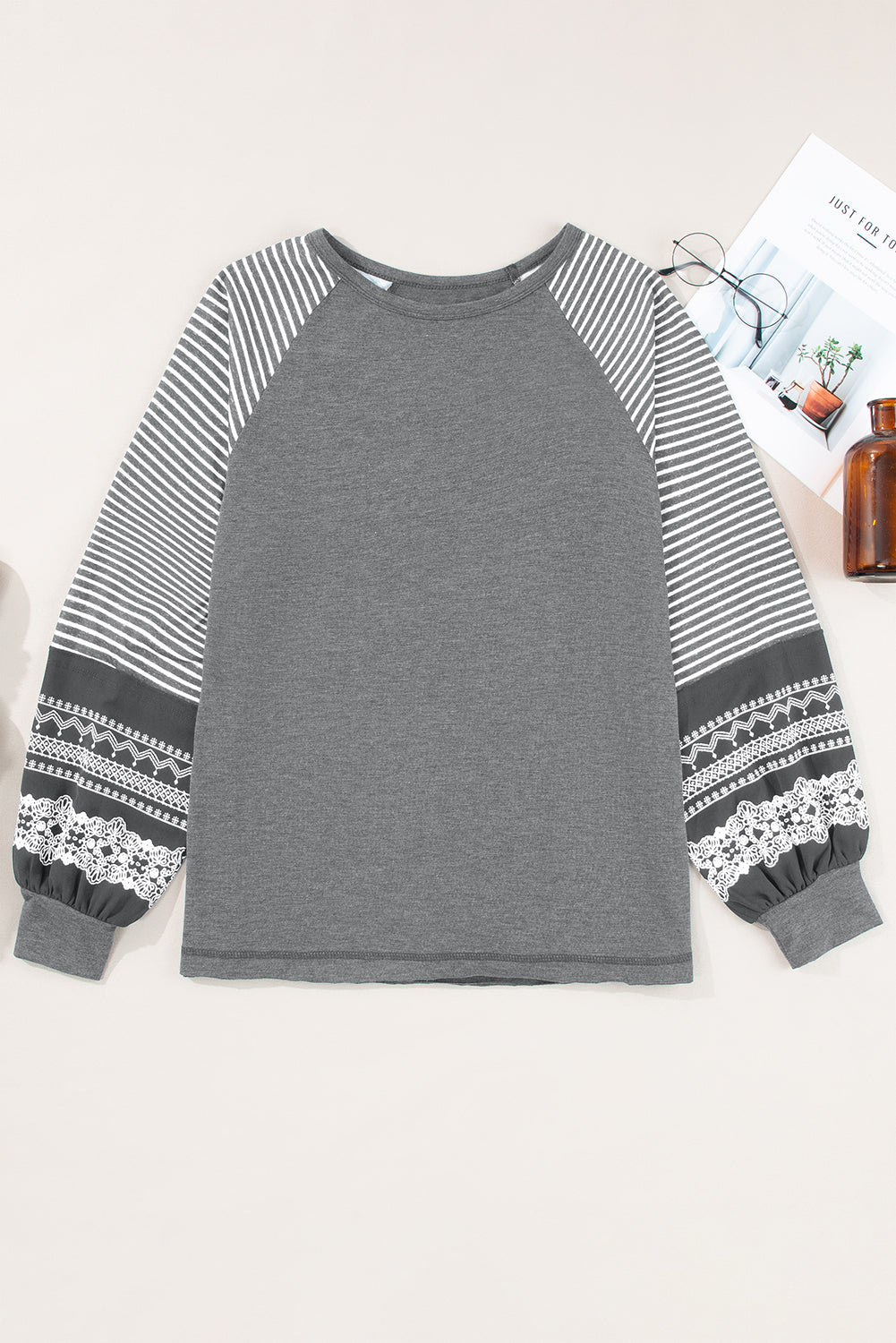 Contrast Print Striped Raglan Long Sleeve Loose Top - eAura