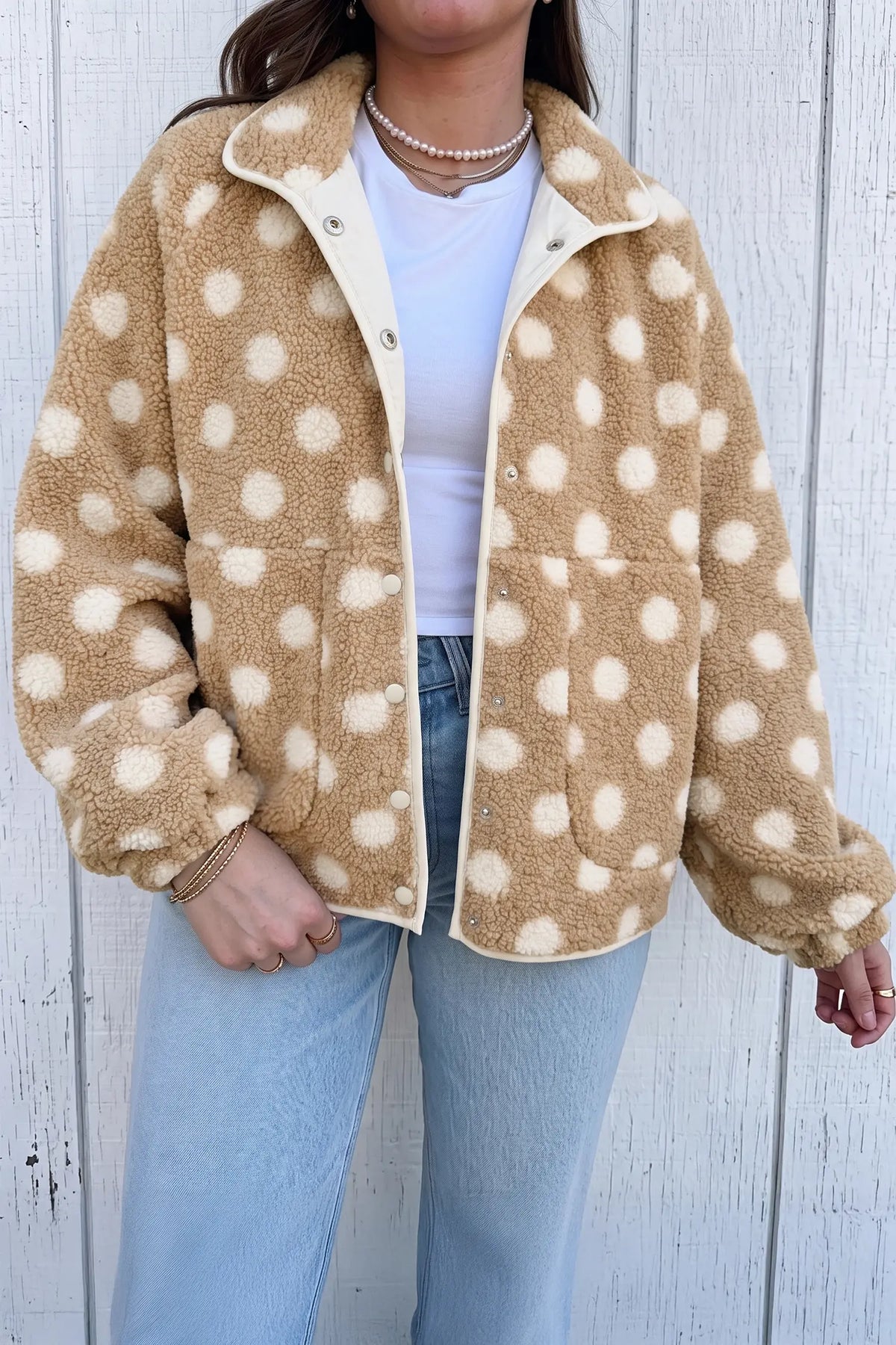 Faux Fur Jacket with Polka Dots and Metal Button Placket
