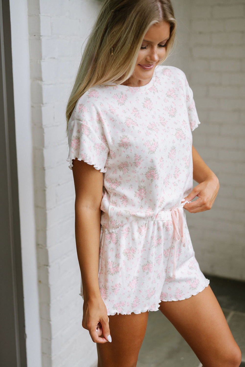 Pink Floral Lettuce Trim Tee and Shorts Ribbed Lounge Set eAura