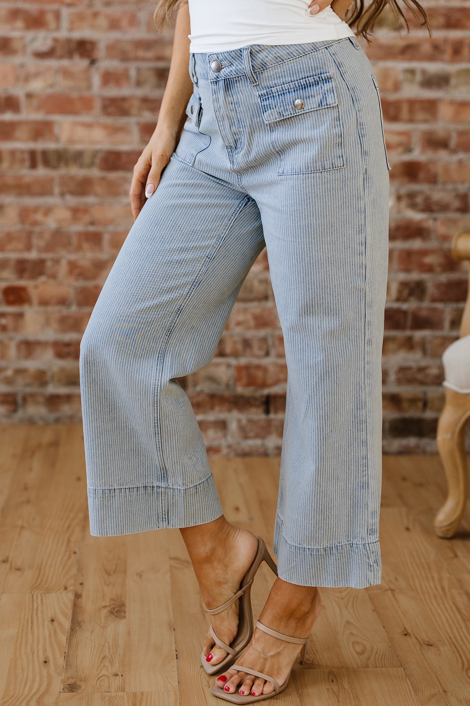 Stripe Button Flap Pocket Cuffed Hem Wide Leg Jeans - Bottoms/Jeans/WideLeg