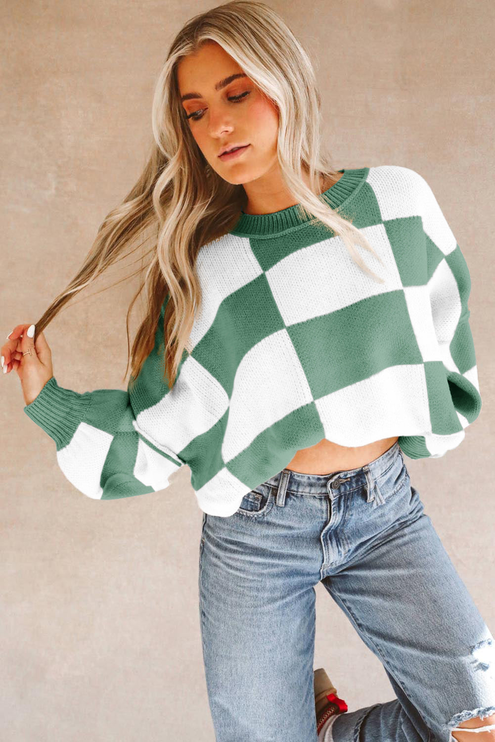 Rose Stripe Checkered Bishop Sleeve Sweater eAura