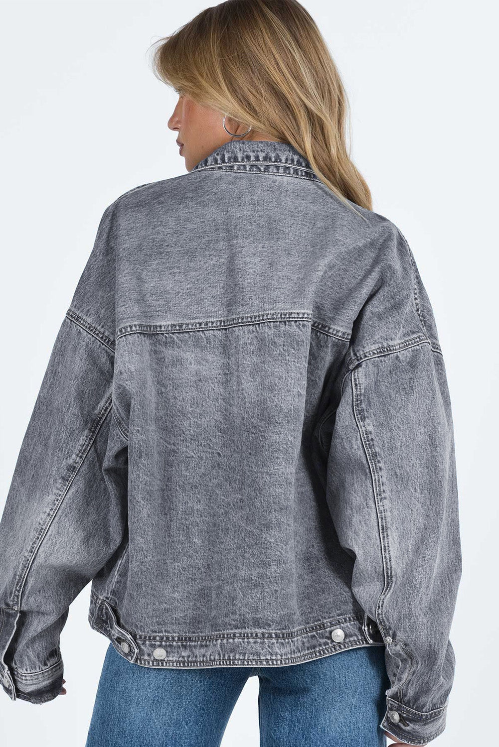 Grey Chest Pockets Drop Shoulder Loose Denim Jacket Beagle Boutique Fashion Outlet