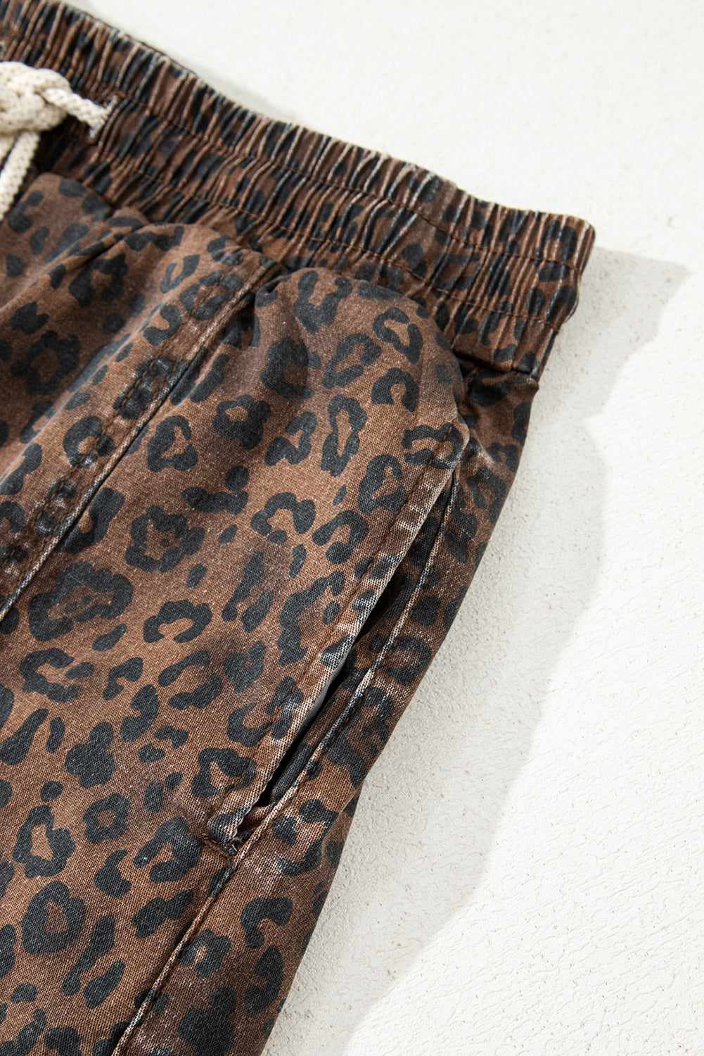 Brown Leopard Print Elastic Waist Drawstring Denim Skort eAura