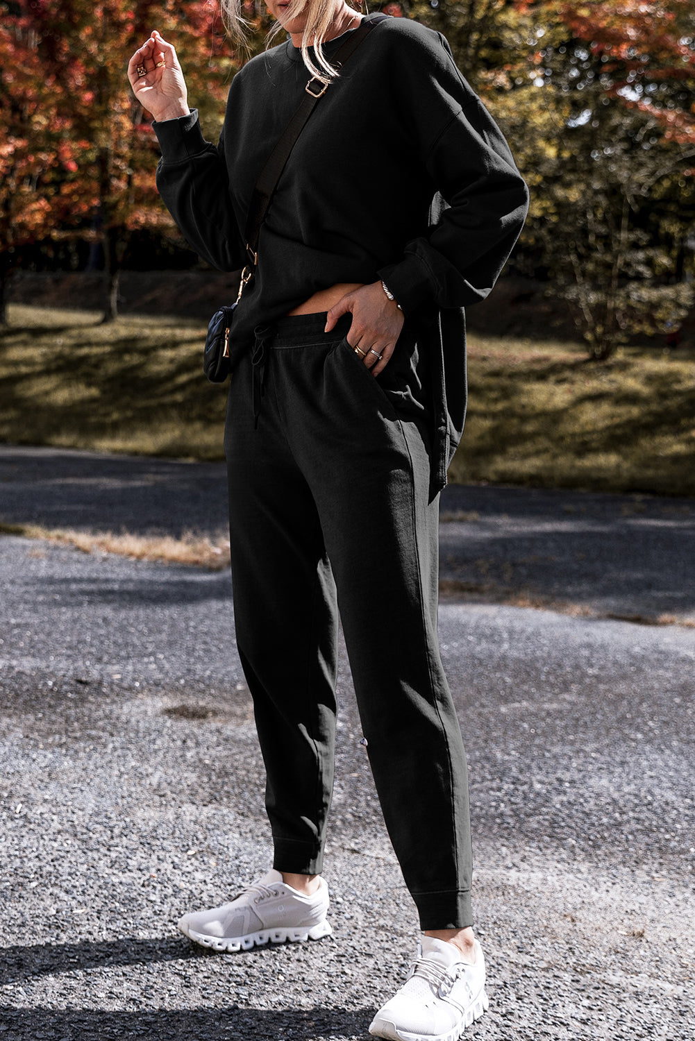 Black Solid Colour High Low Pullover and Skinny Trousers Set eAura