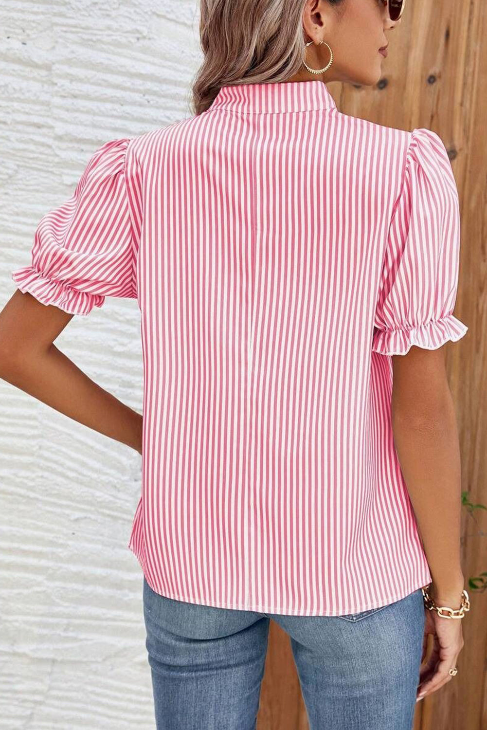 Pink Stripe Notched Neck Frilled Short Puff Sleeve Blouse eAura