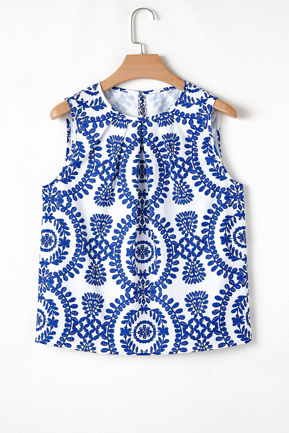 Blue Vintage Print Pintuck Crew Neck Tank Top eAura