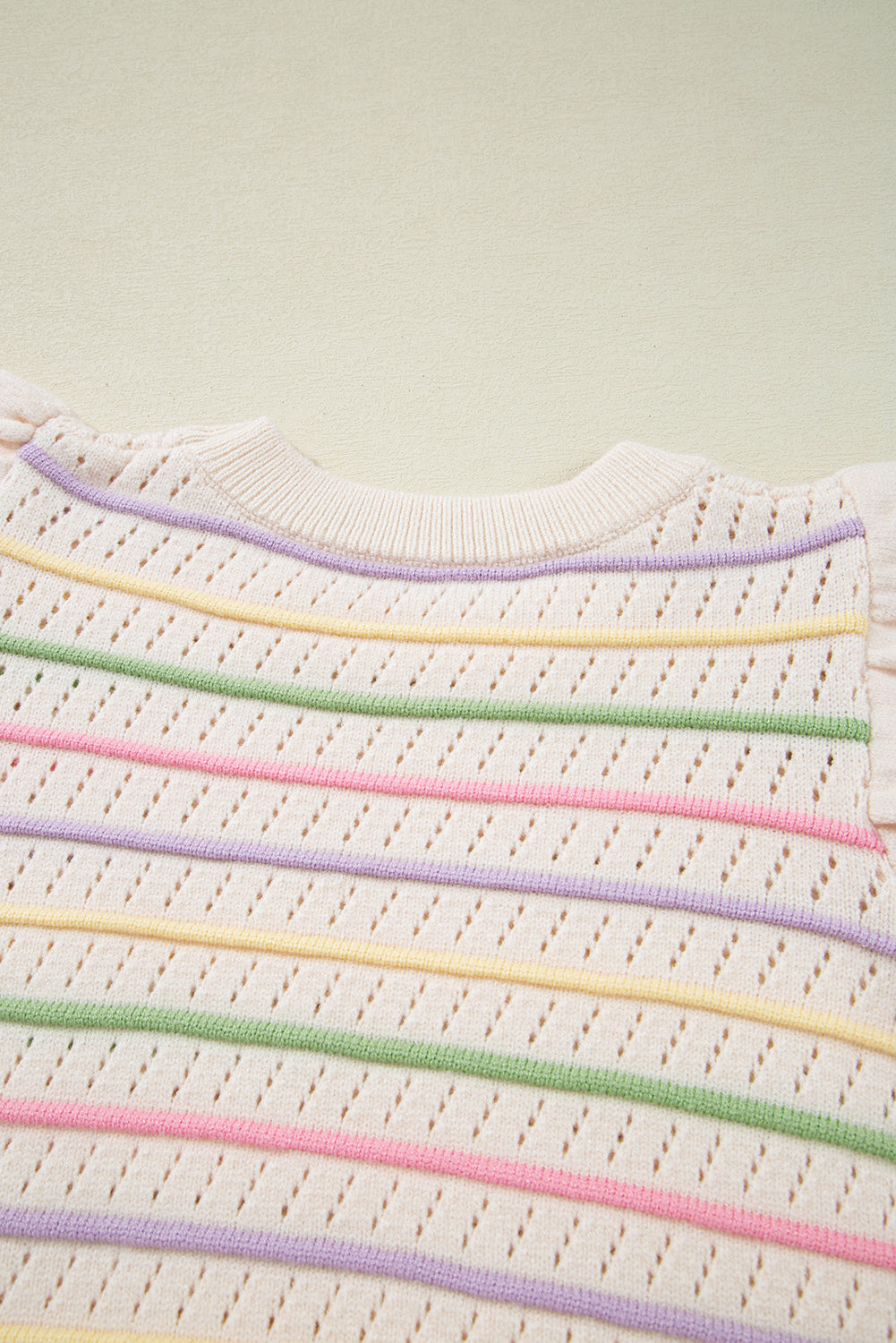 Oatmeal Colourful Striped Eyelet Knit Ruffled Sleeve Sweater T Shirt eAura