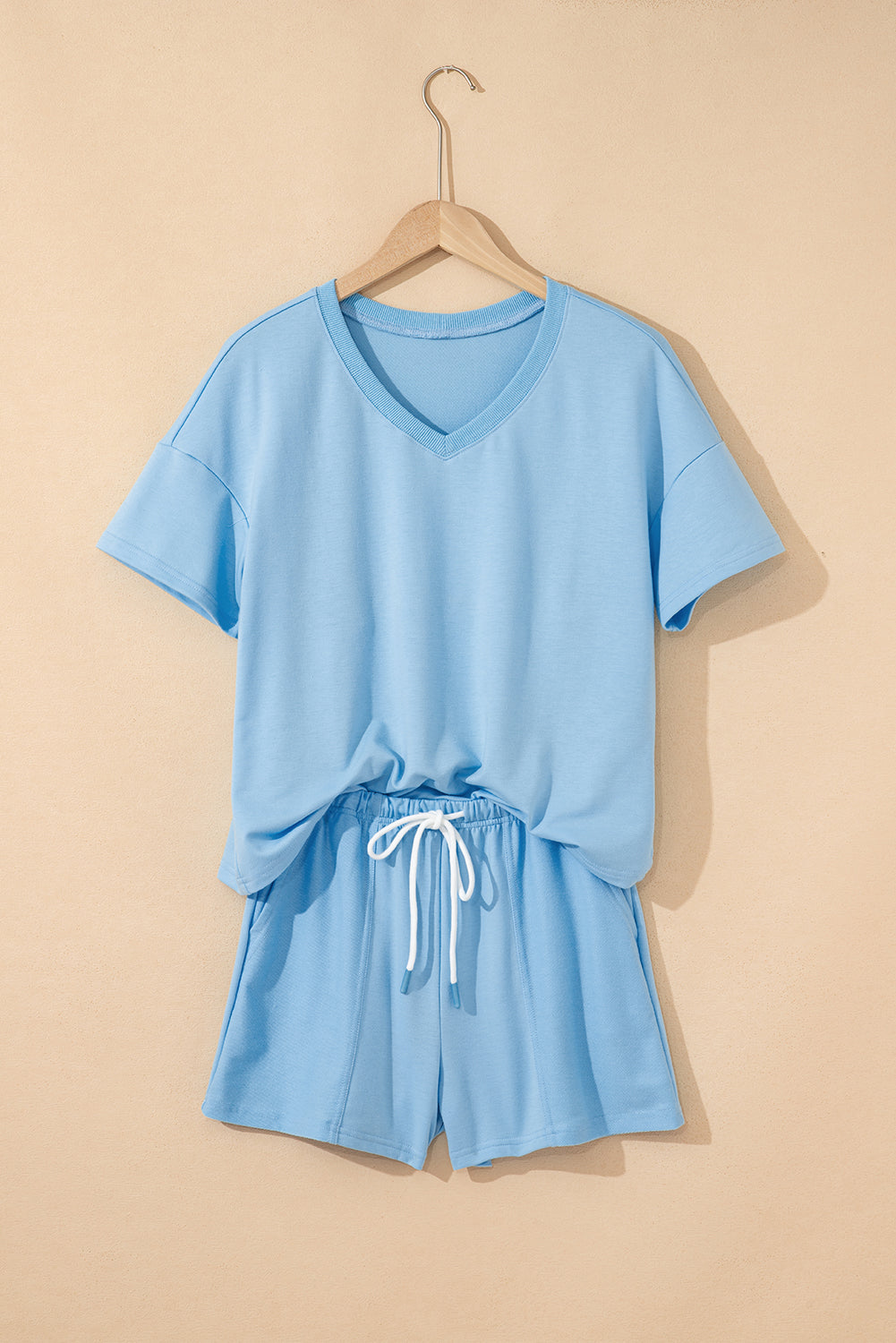 Myosotis V Neck Drop Shoulder Tee and Patchwork Drawstring Shorts Set BB Fashion Outlet