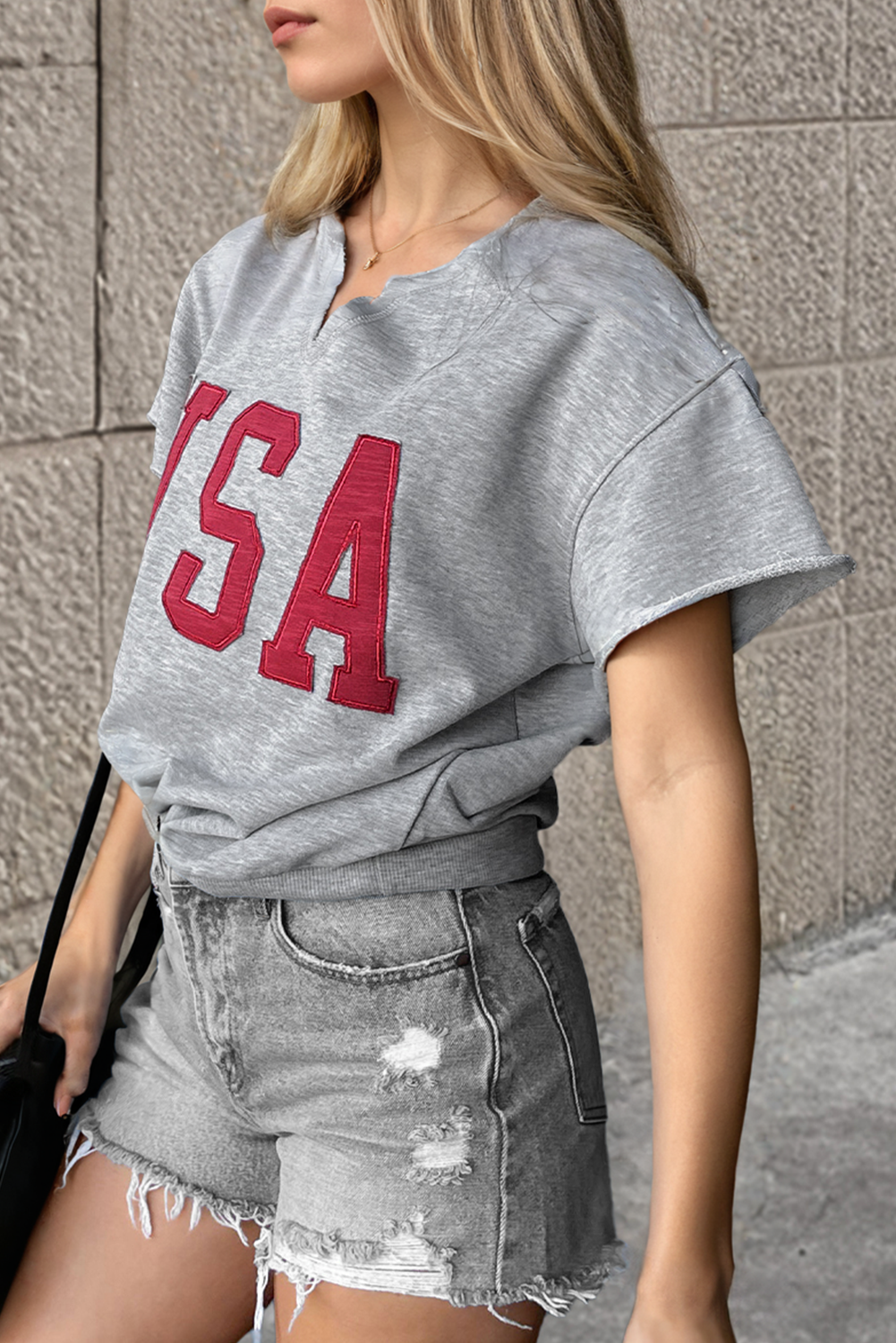 Black USA Lettering Patch Notched Neck Loose Tee - eAura