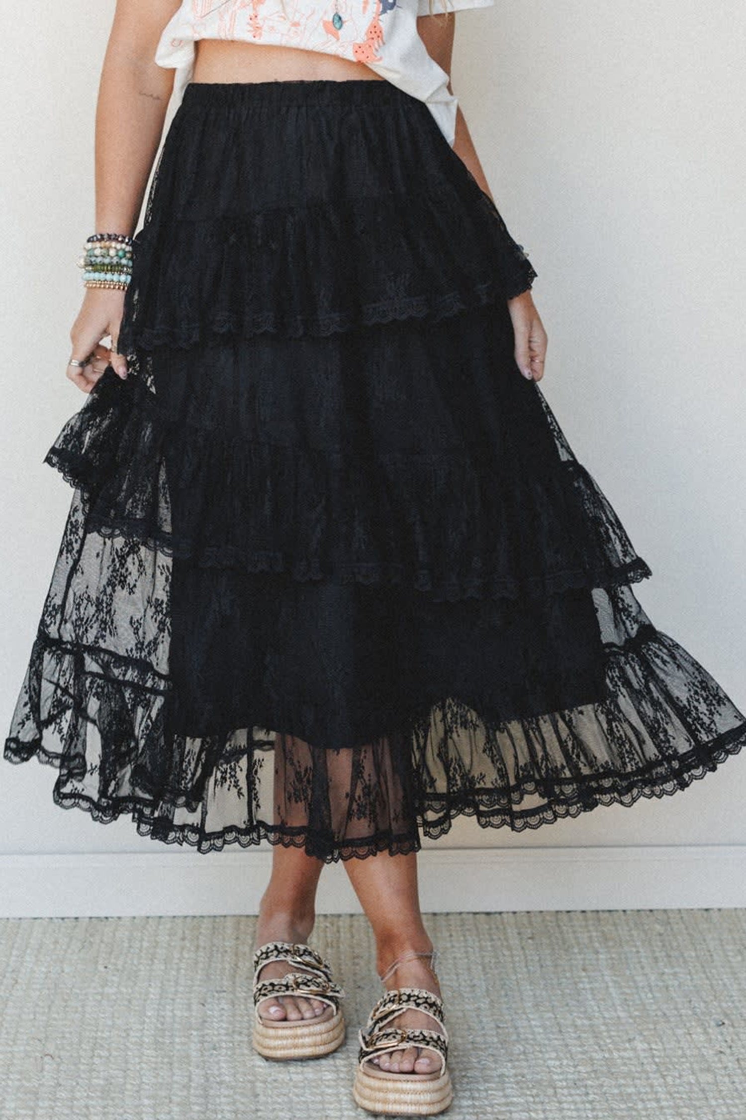 Elegant Ruffle Lace Tiered Skirt – Black