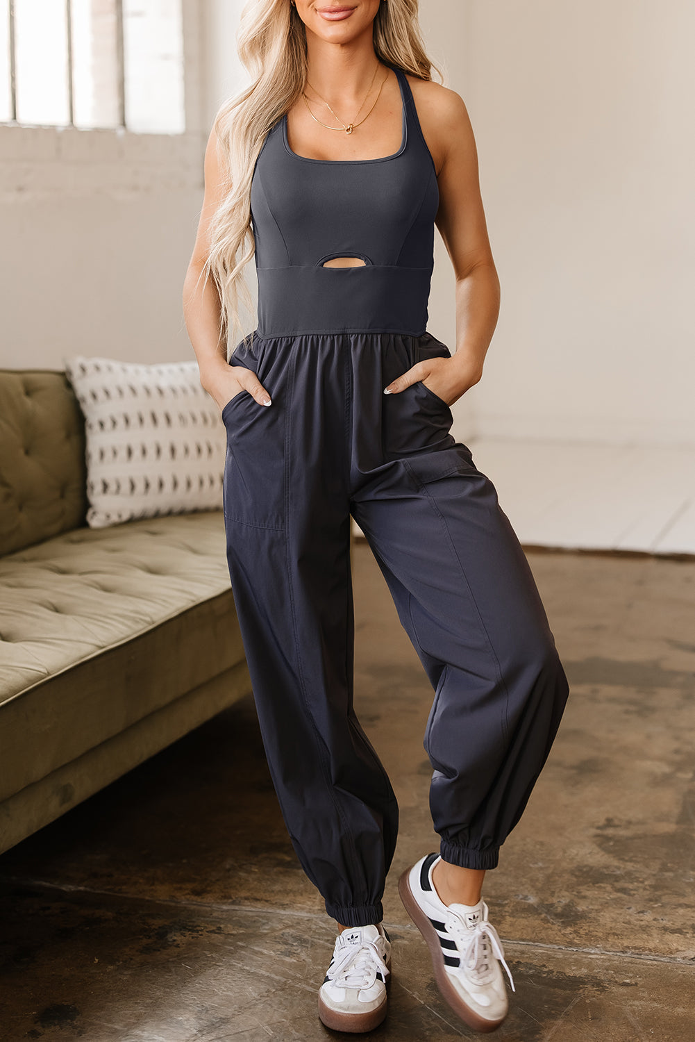 Carbon Grey Back Crossed Straps Hollow Out Jogger Jumpsuit eAura