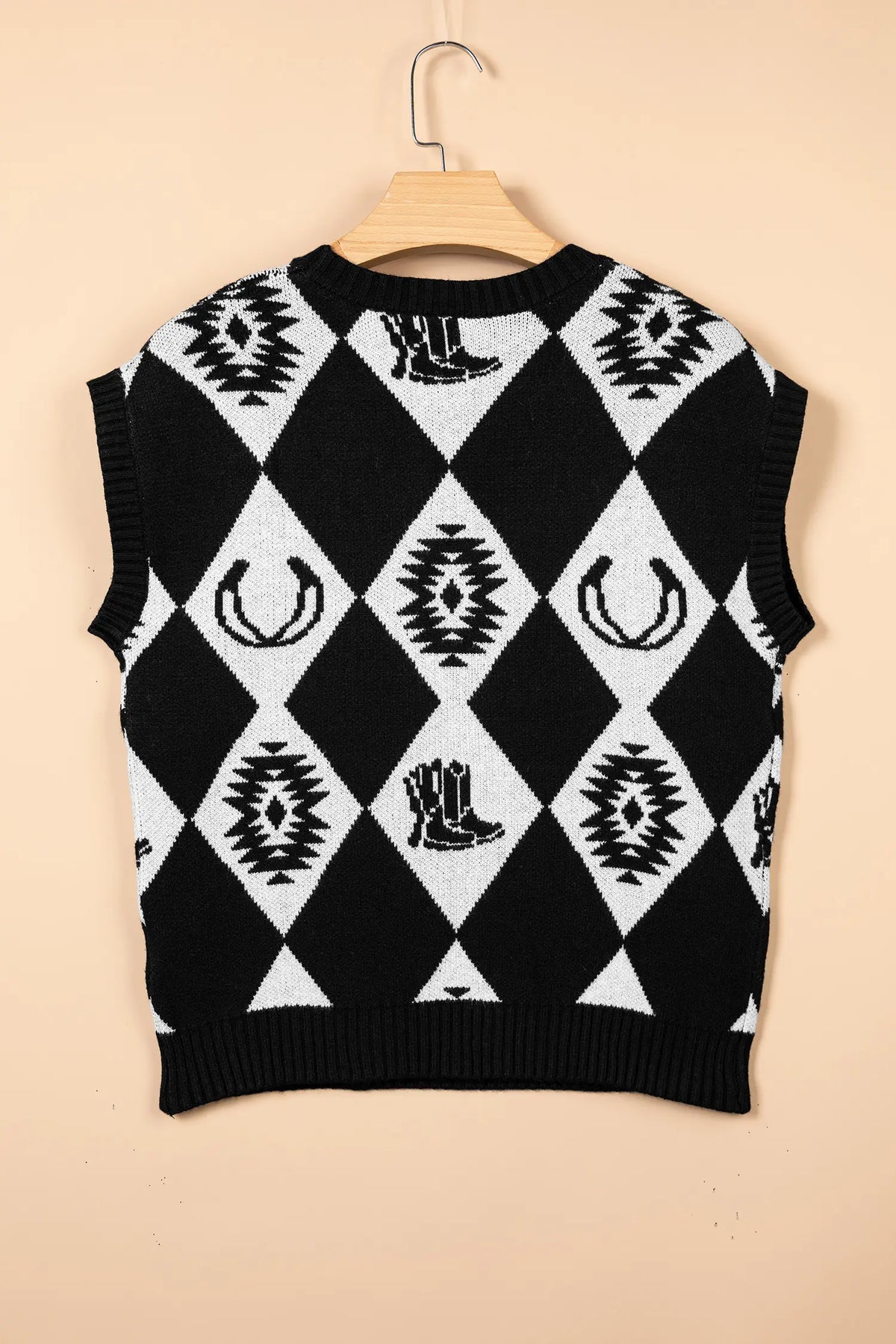 Retro Rhombus Western Print Drop Shoulder Short Sleeve Sweater – Black