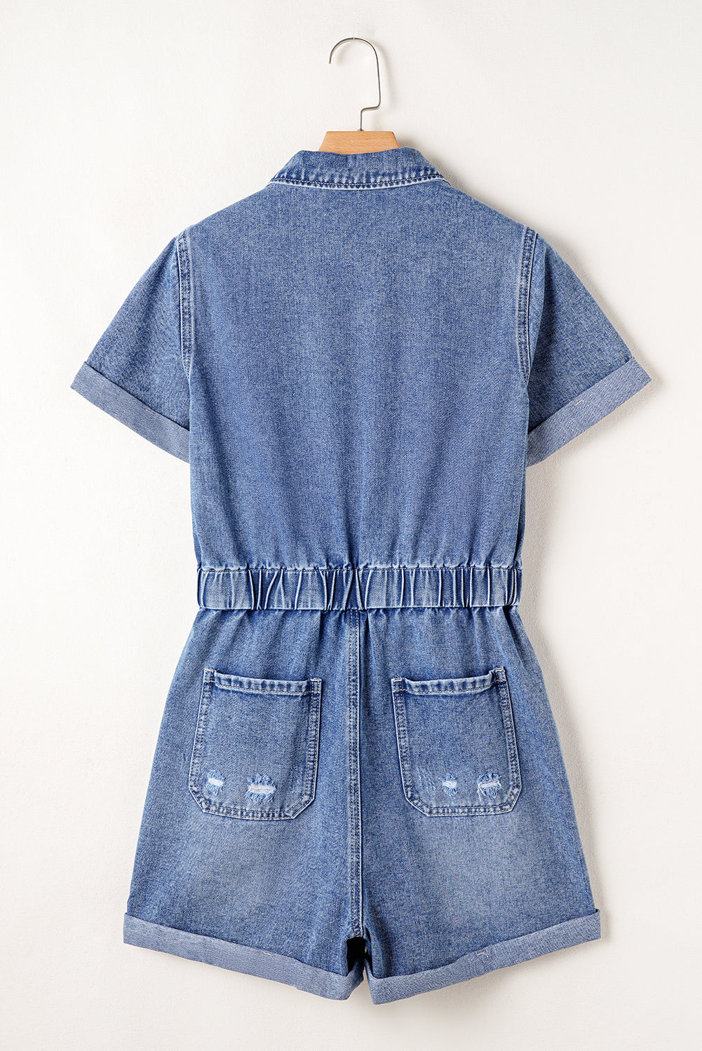 Dusk Blue Chest Pocket Front Buttoned Folded Edge Denim Short Sleeve Romper eAura