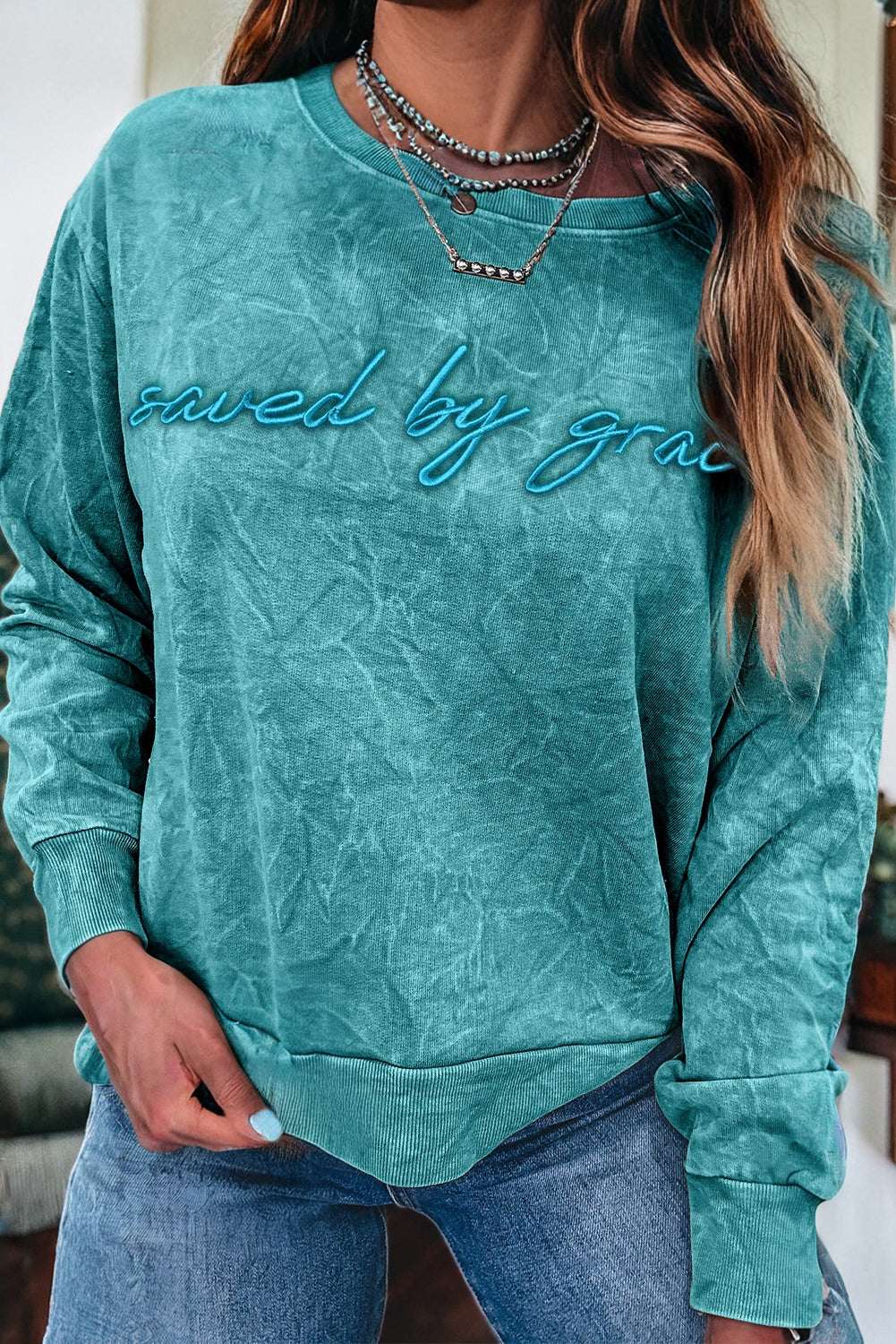 "Saved By Grace" Letter Embroidery Mineral Wash Loose Sweatshirt - eAura