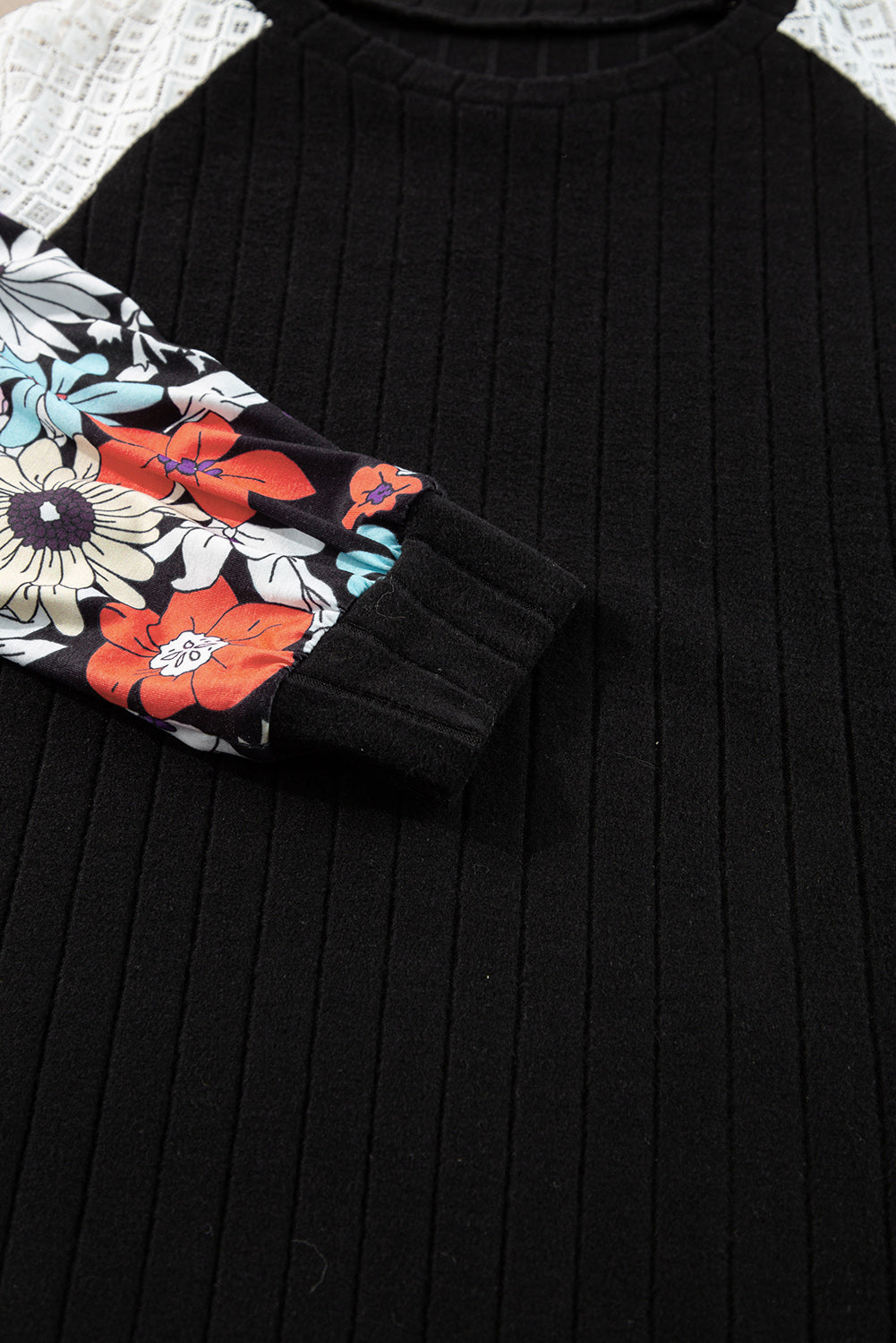 Black Floral Patchwork Long Sleeve Ribbed Blouse - eAura