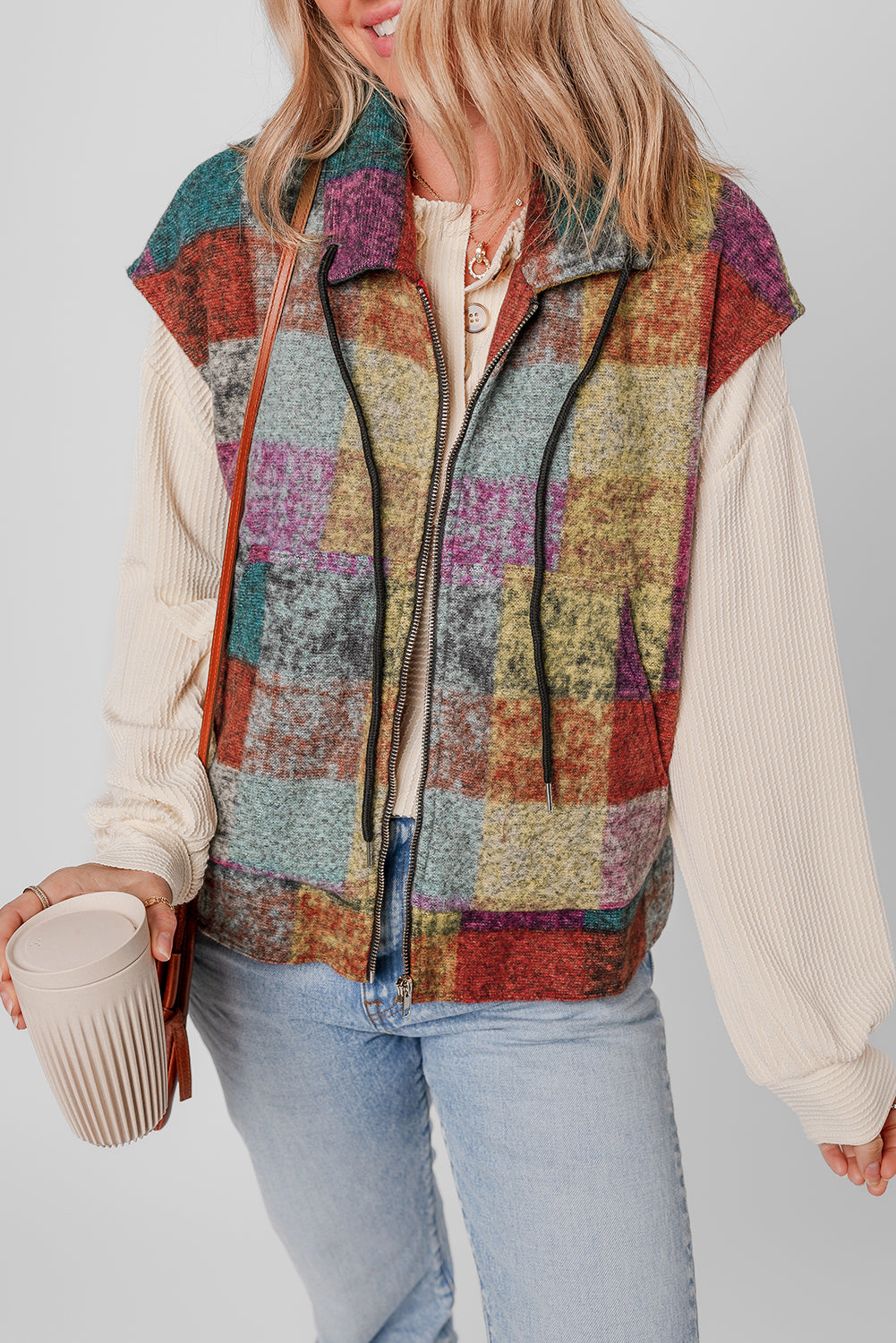 Multicolour Plaid Print Loose Sleeveless Jacket eAura