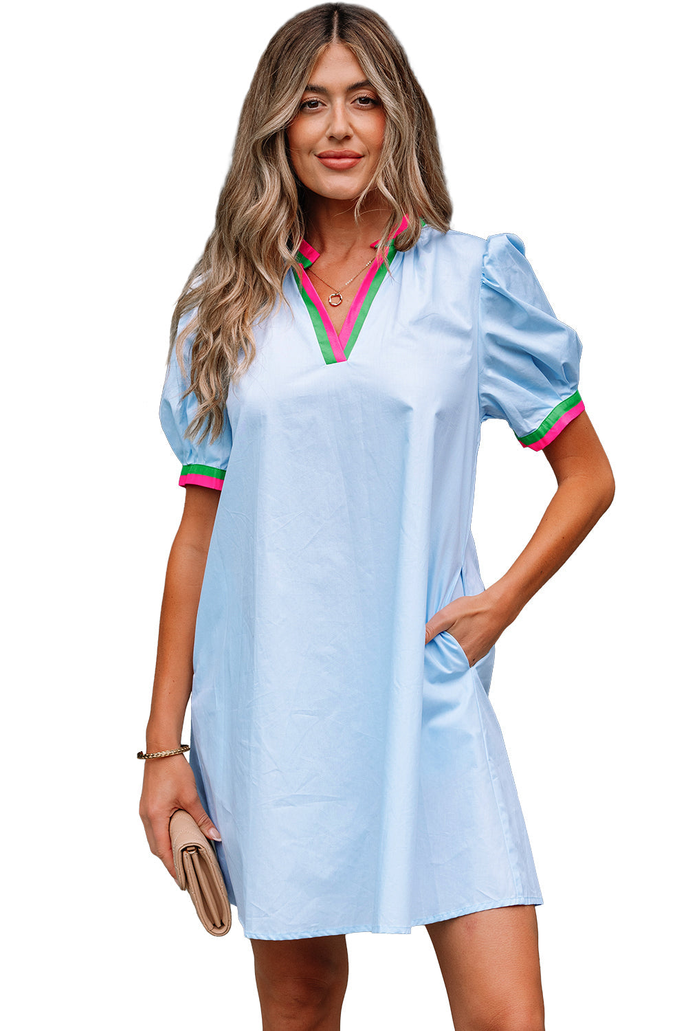 Myosotis Contrast Striped Notched V-Neck Puff Sleeve Mini Dress eAura