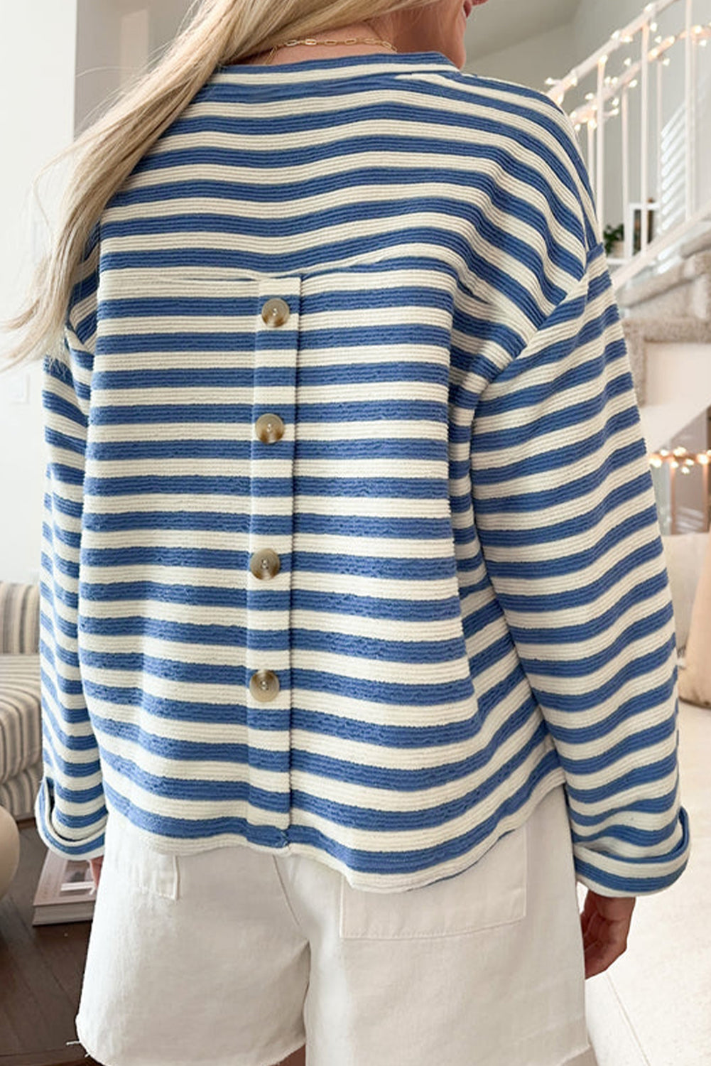 Sky Blue Stripe Chest Pocket Buttoned Back Notched V Neck Top eAura