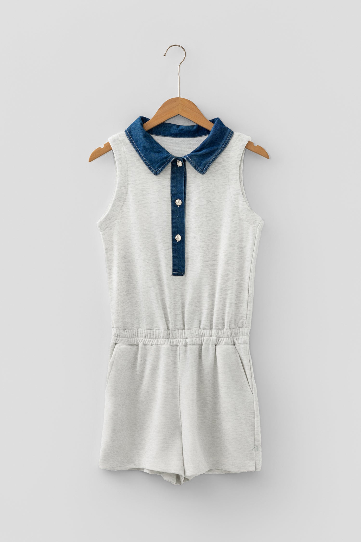Denim Patchwork Polo Collar Elastic Waist Sleeveless Romper – Light Grey
