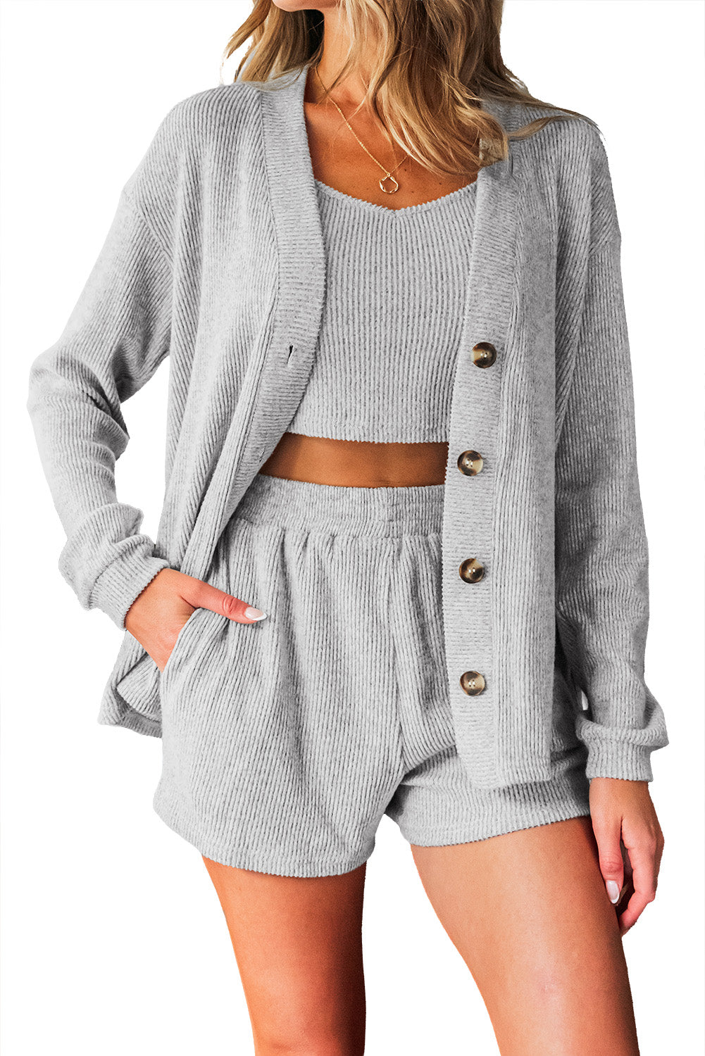 Light Grey 3 Pieces Rib Crop Camisole Matching Shorts Lounge Set with Cardigan eAura