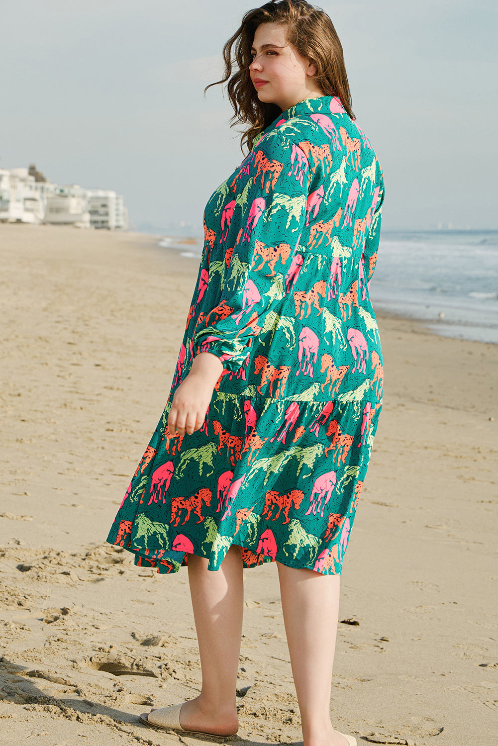 Green Horse Printed Long Sleeve Collared Buttoned Plus Size Midi Dress BB Fashion Outlet