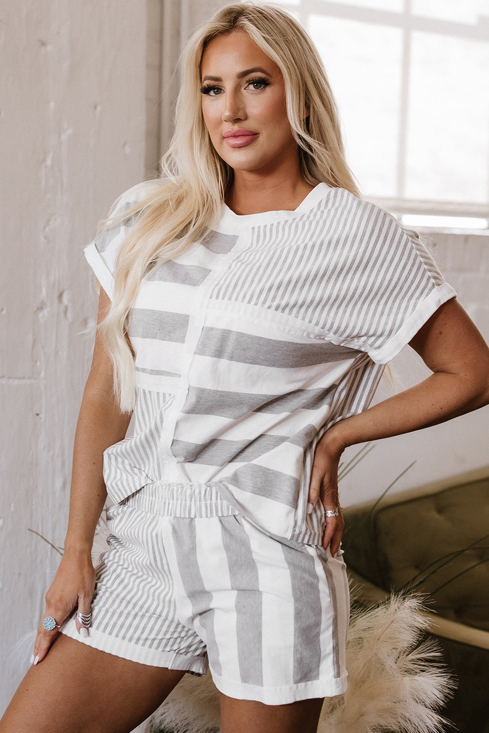 Grey Stripe Mixed Print Short Sleeve Top and Pocketed Shorts Set eAura