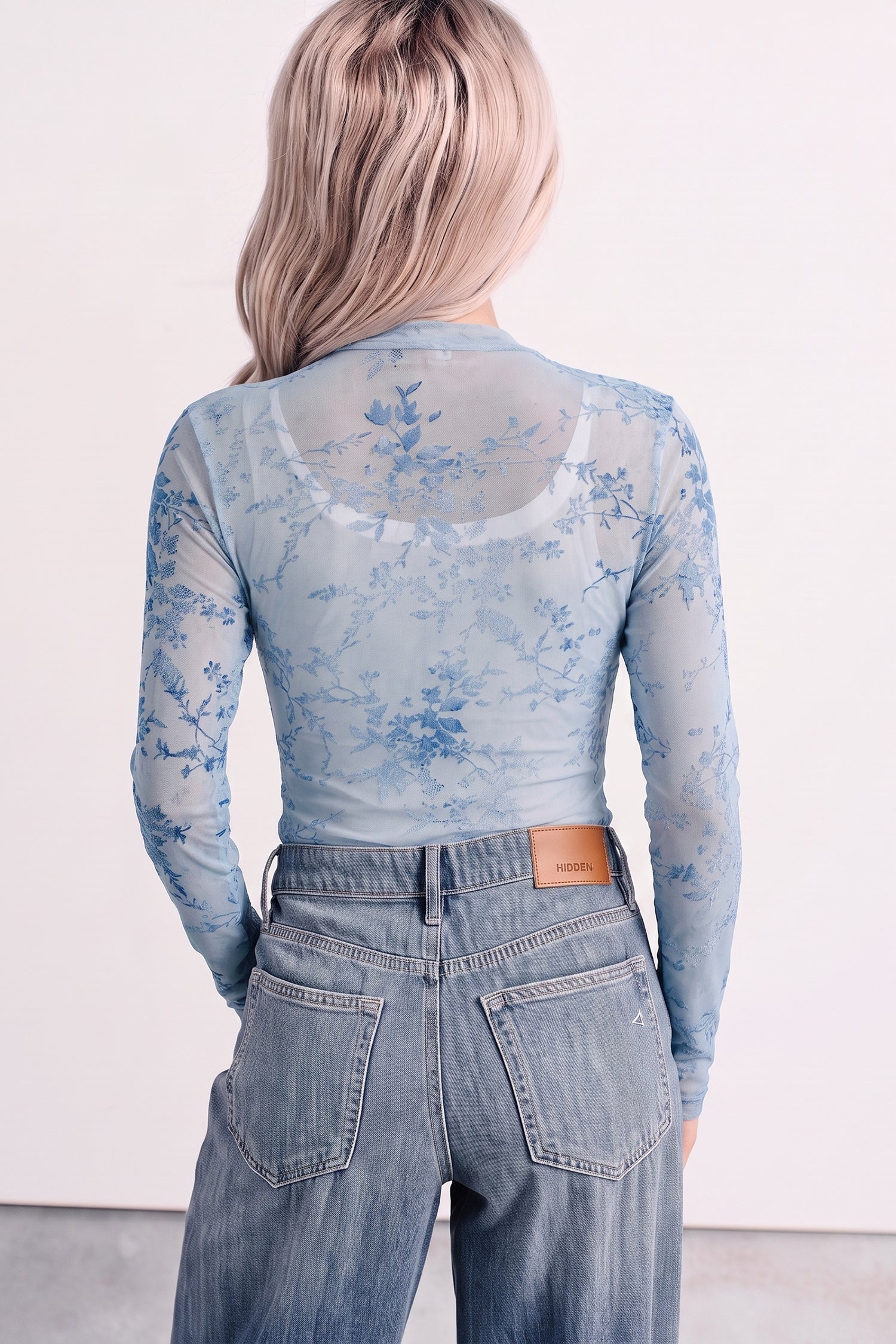 Sky Blue Sheer Mesh Floral Printed Mock Neck Long Sleeve Bodysuit – Light Blue
