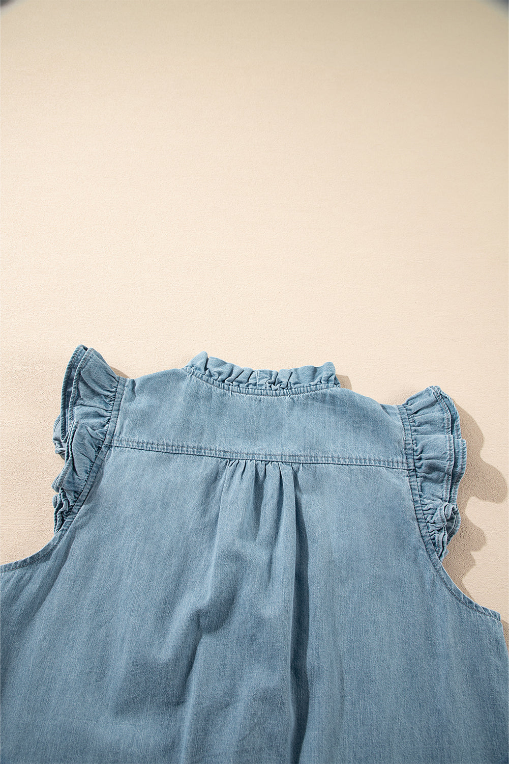 Beau Blue Frilly Ruffle Trim V Neck Chambray Tank Top eAura