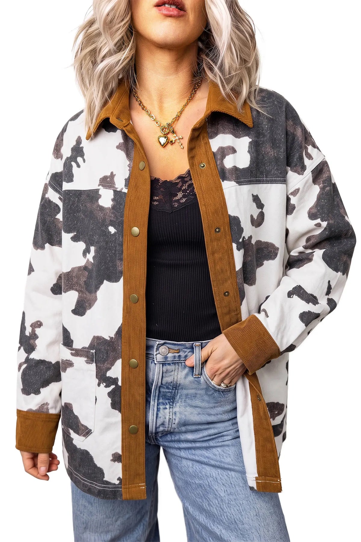 Western Cow Print Long Sleeve Button-Up Denim Jacket – Multicolour