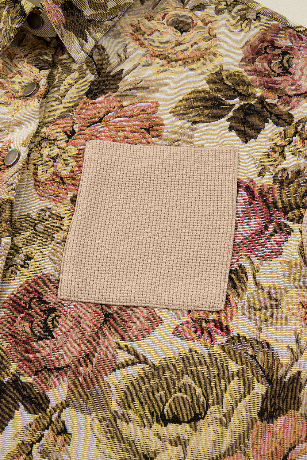 Khaki Floral Waffle Patchwork Chest Pockets Buttoned Jacket eAura