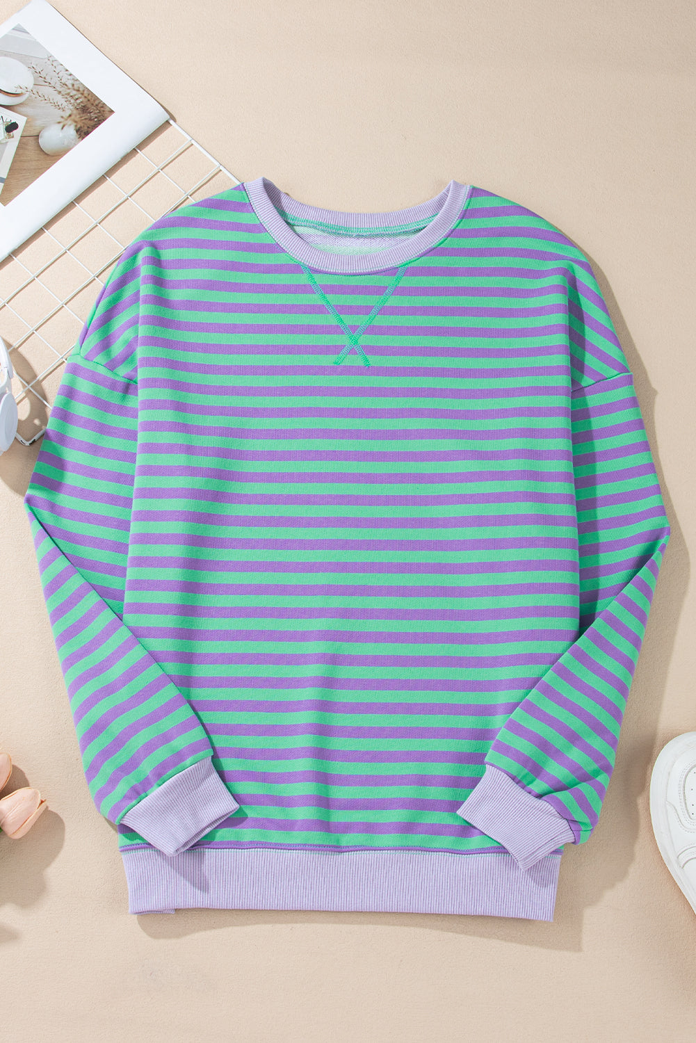 Striped Contrast Ribbed Trim Crossed Stitch Drop Shoulder Sweatshirt - eAura