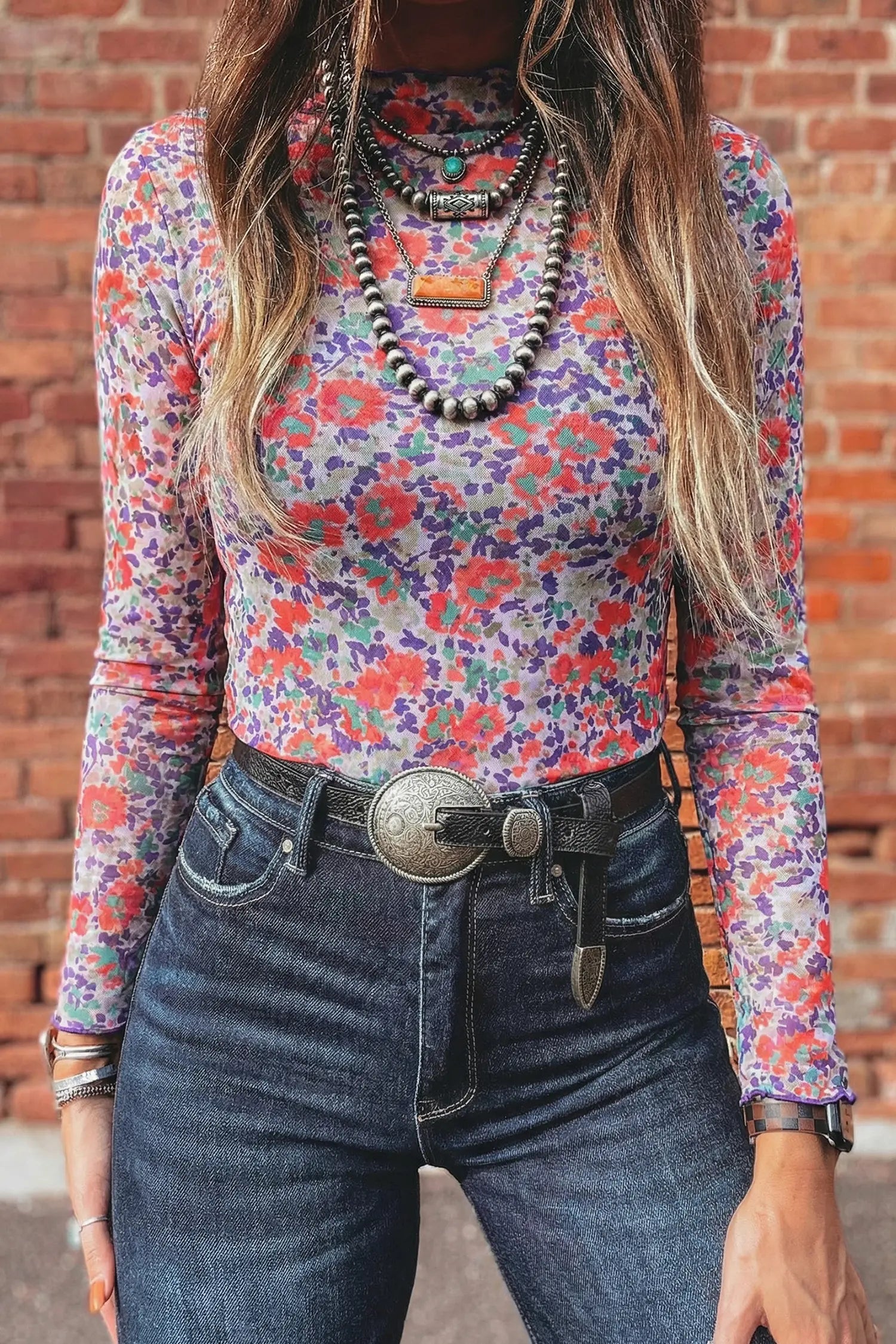 Western Print Slim Fit Mesh Mock Neck Long Sleeve Top