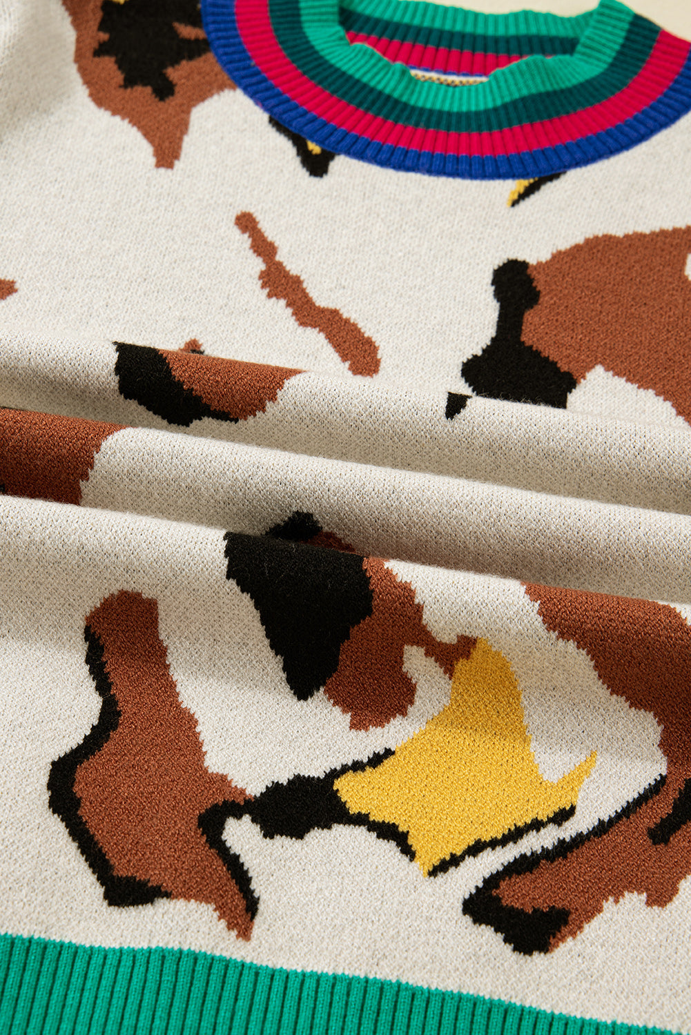 Contrast Ribbed Stripes Detail Animal Pattern Knit Sweater eAura